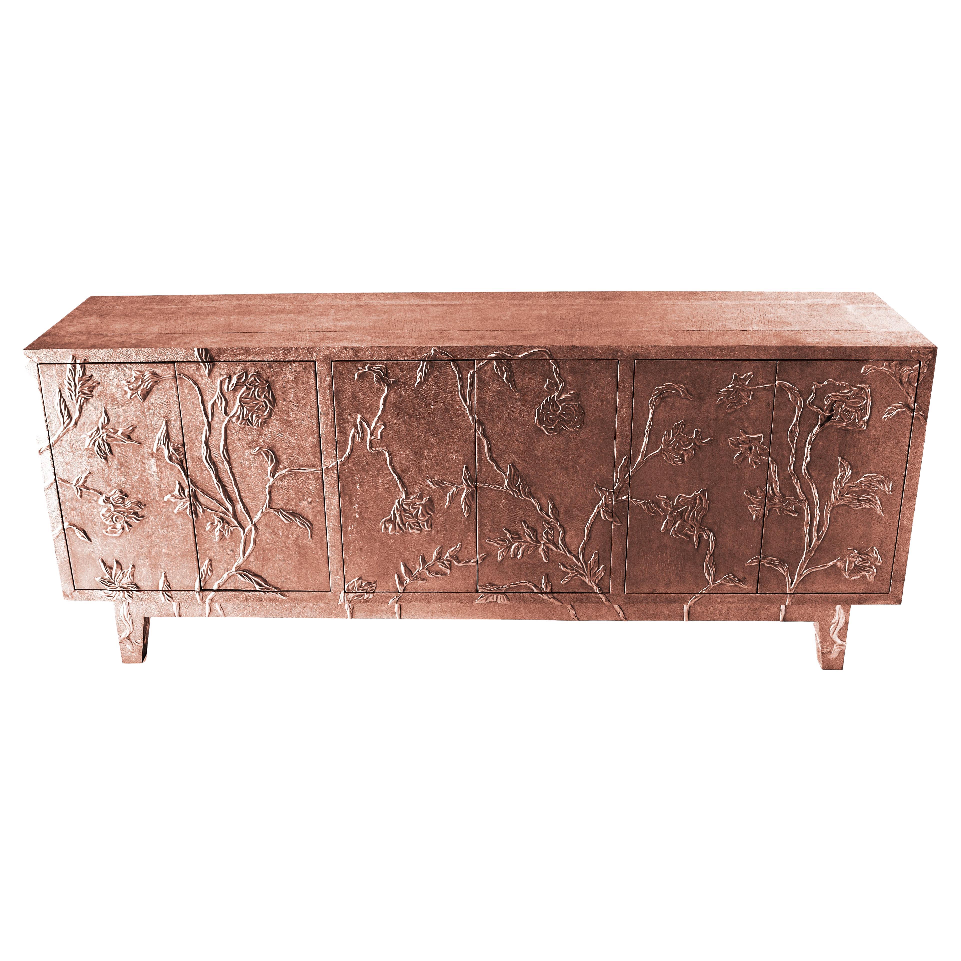 Fine Hammered Copper Floral Sideboard – Contemporary Carved Metal Credenza For Sale