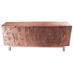 Fine Hammered Copper Organic Floral Sideboard – Hand Carved Metal Clad Credenza