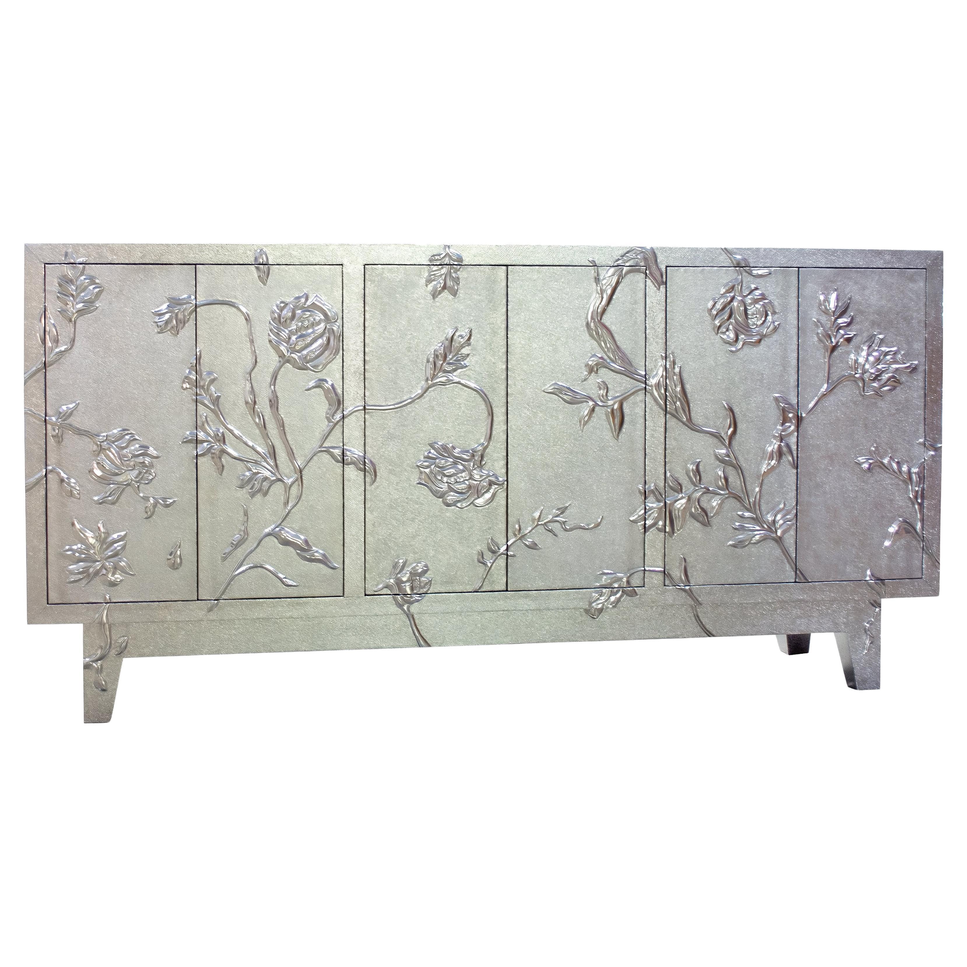 Fine Hammered White Bronze Floral Credenza – Carved Metal Cabinet, Handmade For Sale