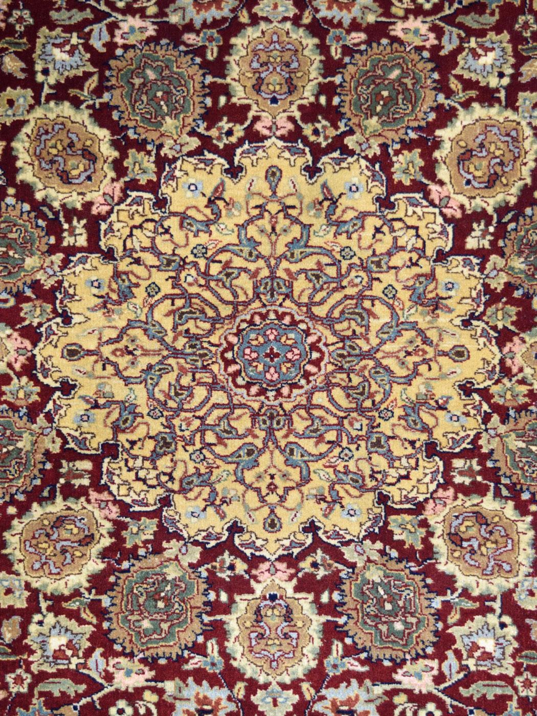 Indian Fine Hand Knotted Tabriz Carpet in Gold Maroon and Cream Wool, 5' x 7' For Sale