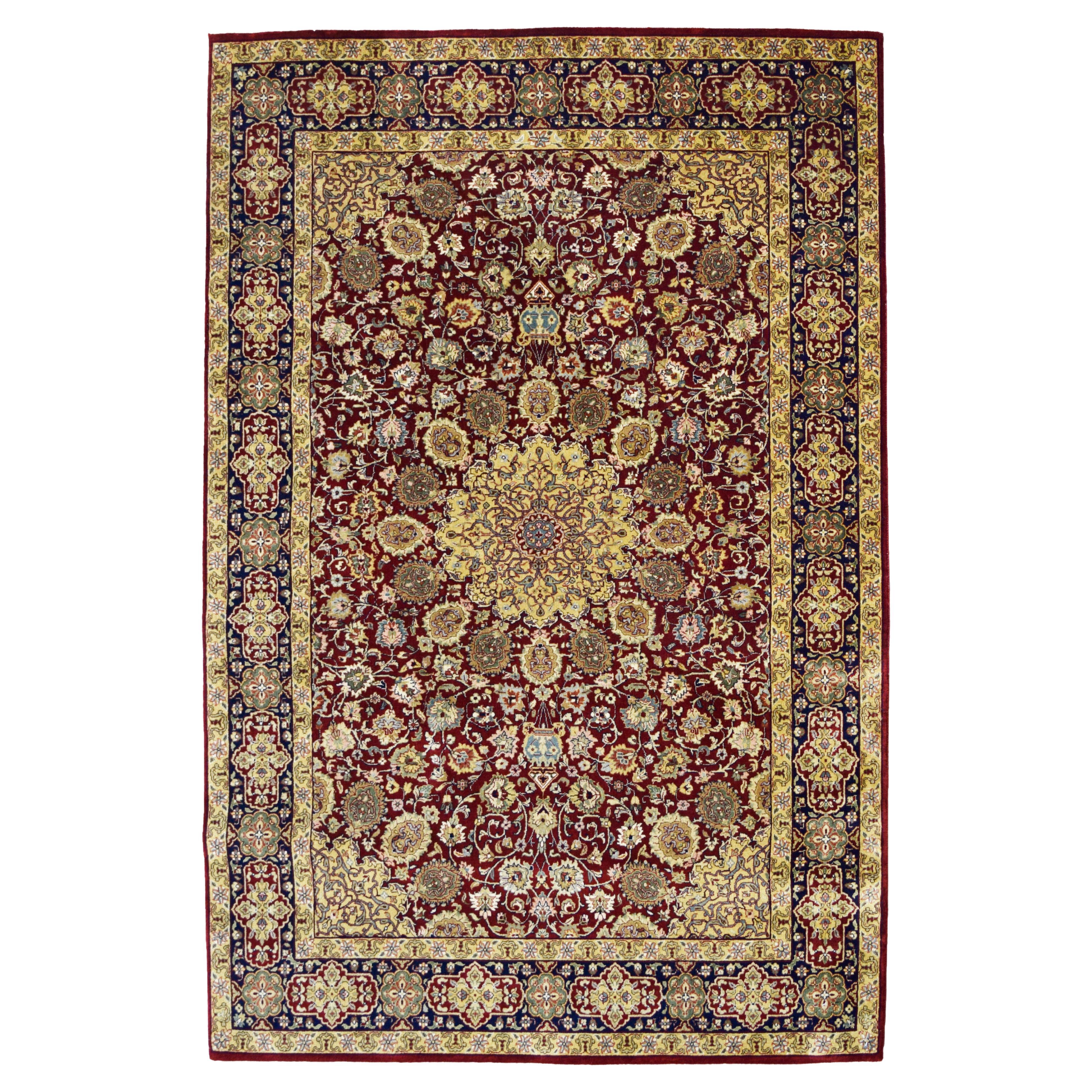 Fine Hand Knotted Tabriz Carpet in Gold Maroon and Cream Wool, 5' x 7'