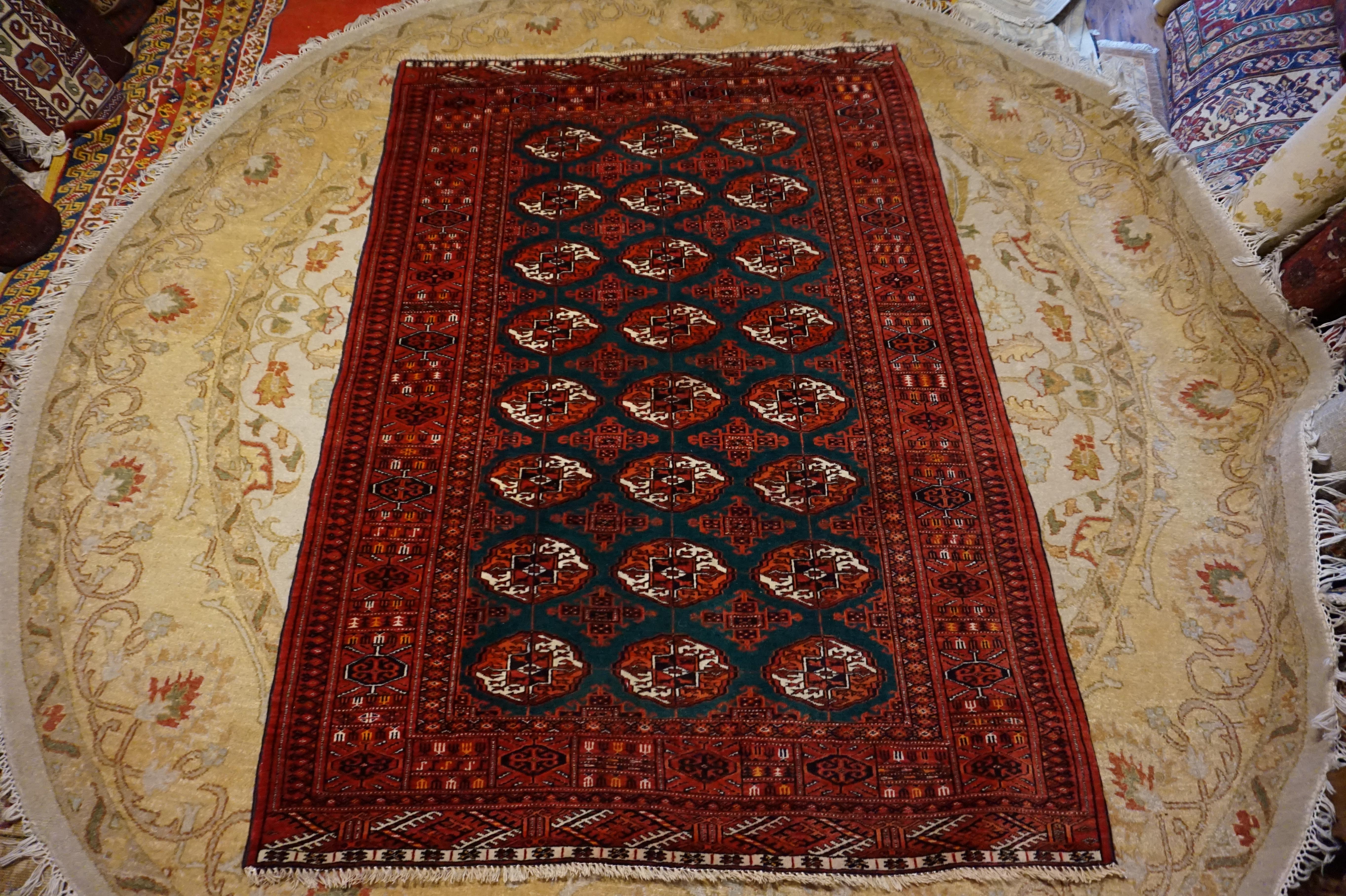 Tribal Fine Hand Knotted Turkmen Pure Wool Bokhara in Green & Rust