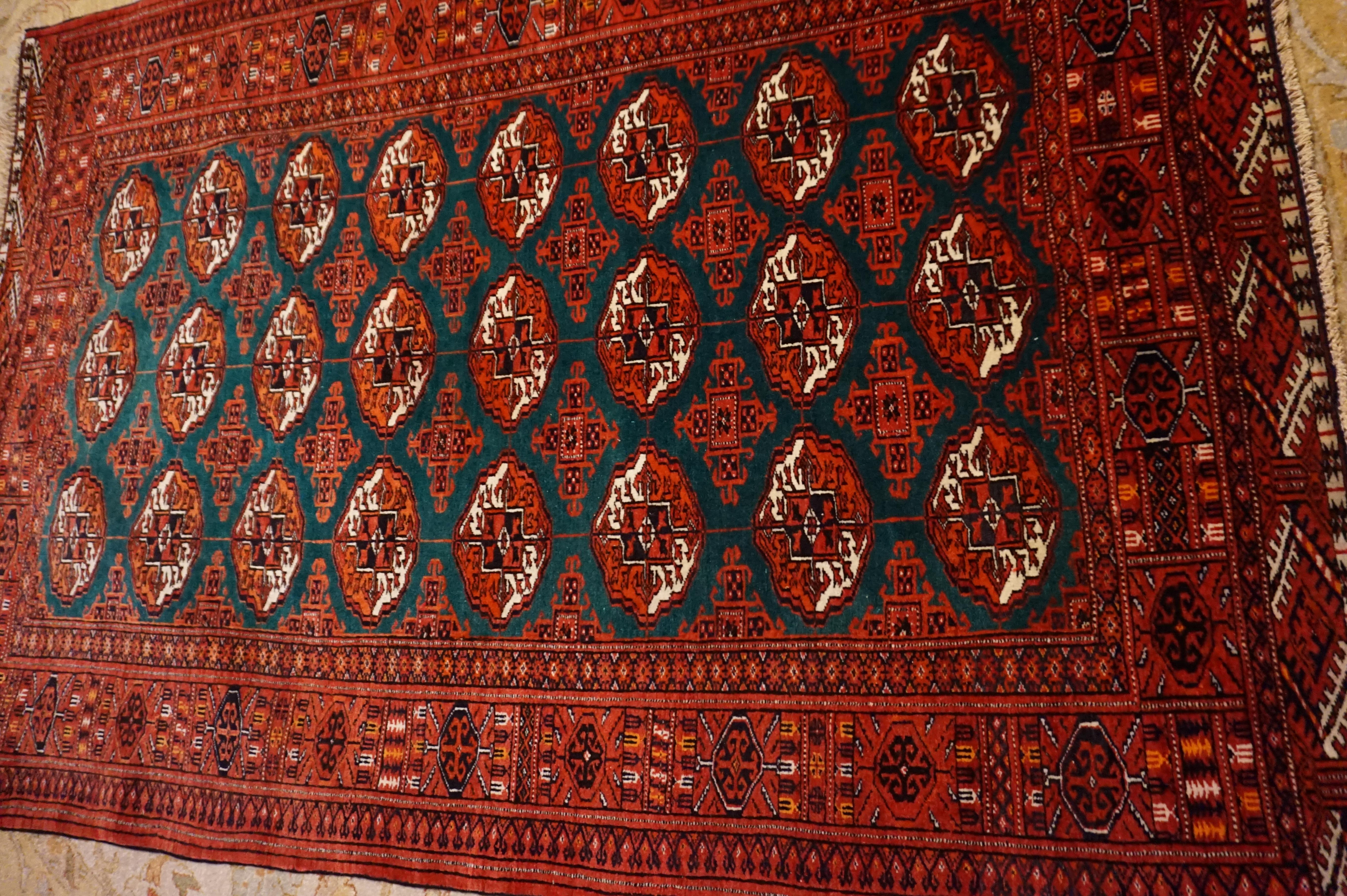 Hand-Knotted Fine Hand Knotted Turkmen Pure Wool Bokhara in Green & Rust