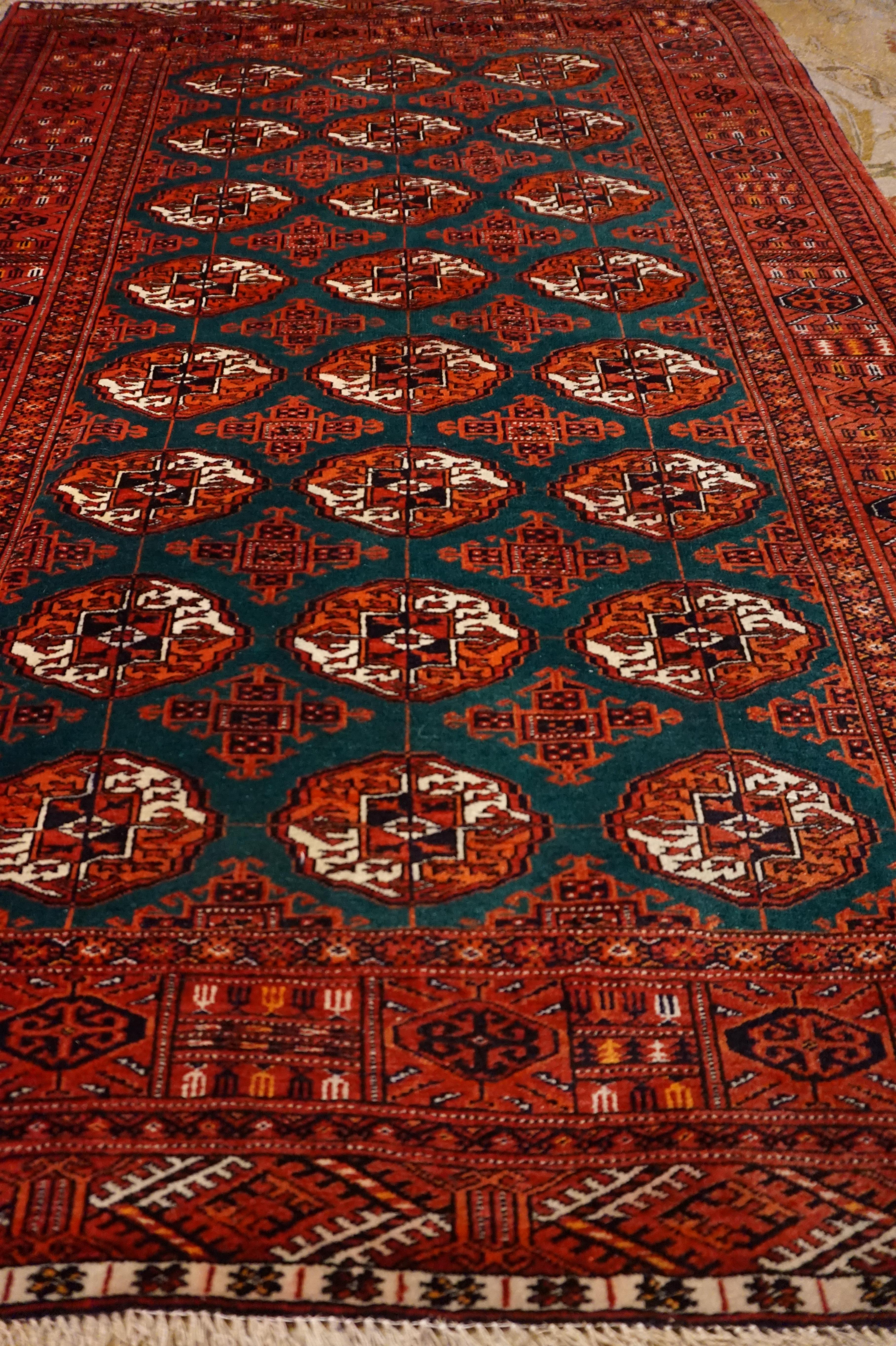 Mid-20th Century Fine Hand Knotted Turkmen Pure Wool Bokhara in Green & Rust