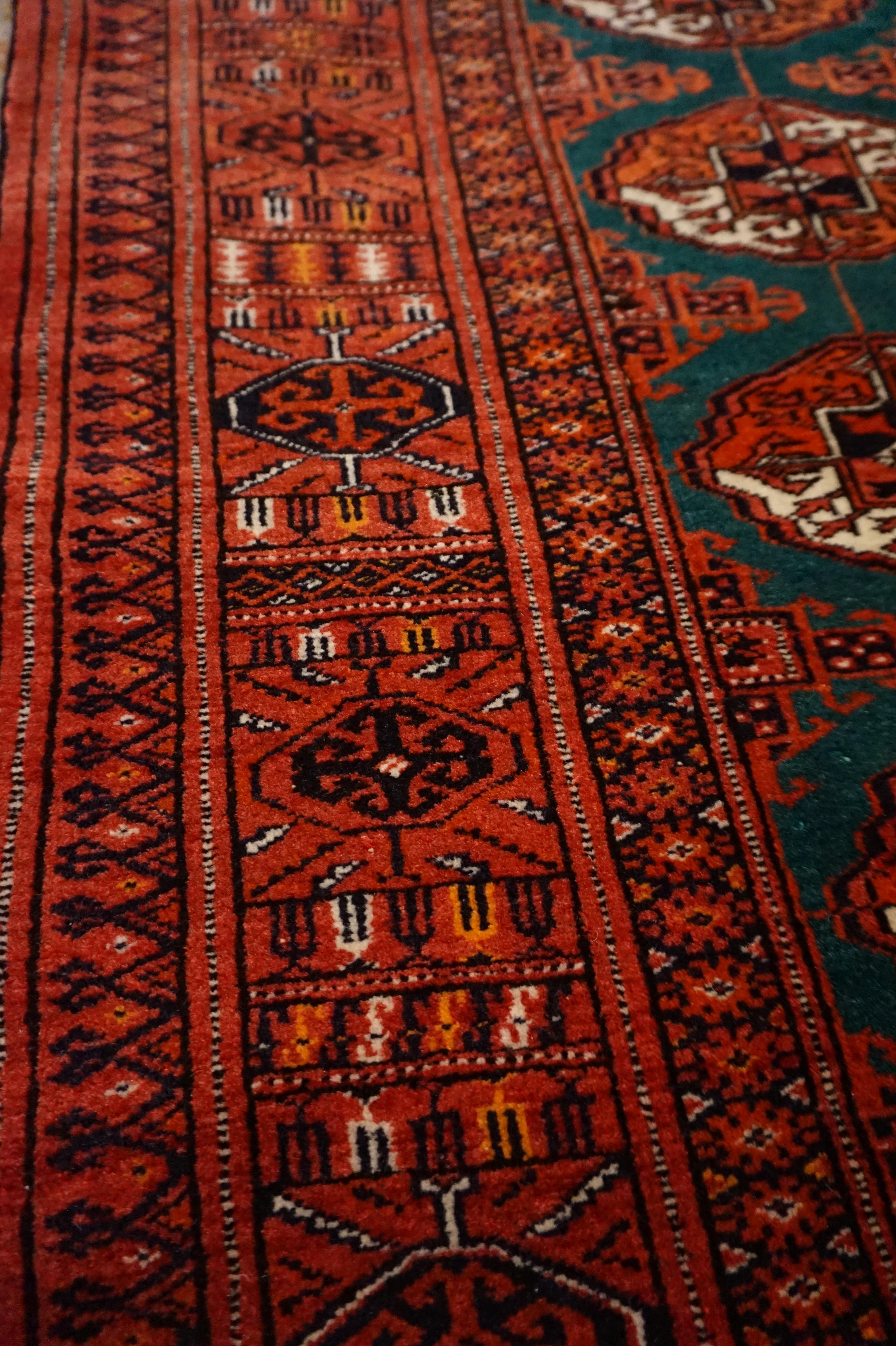 Fine Hand Knotted Turkmen Pure Wool Bokhara in Green & Rust 2