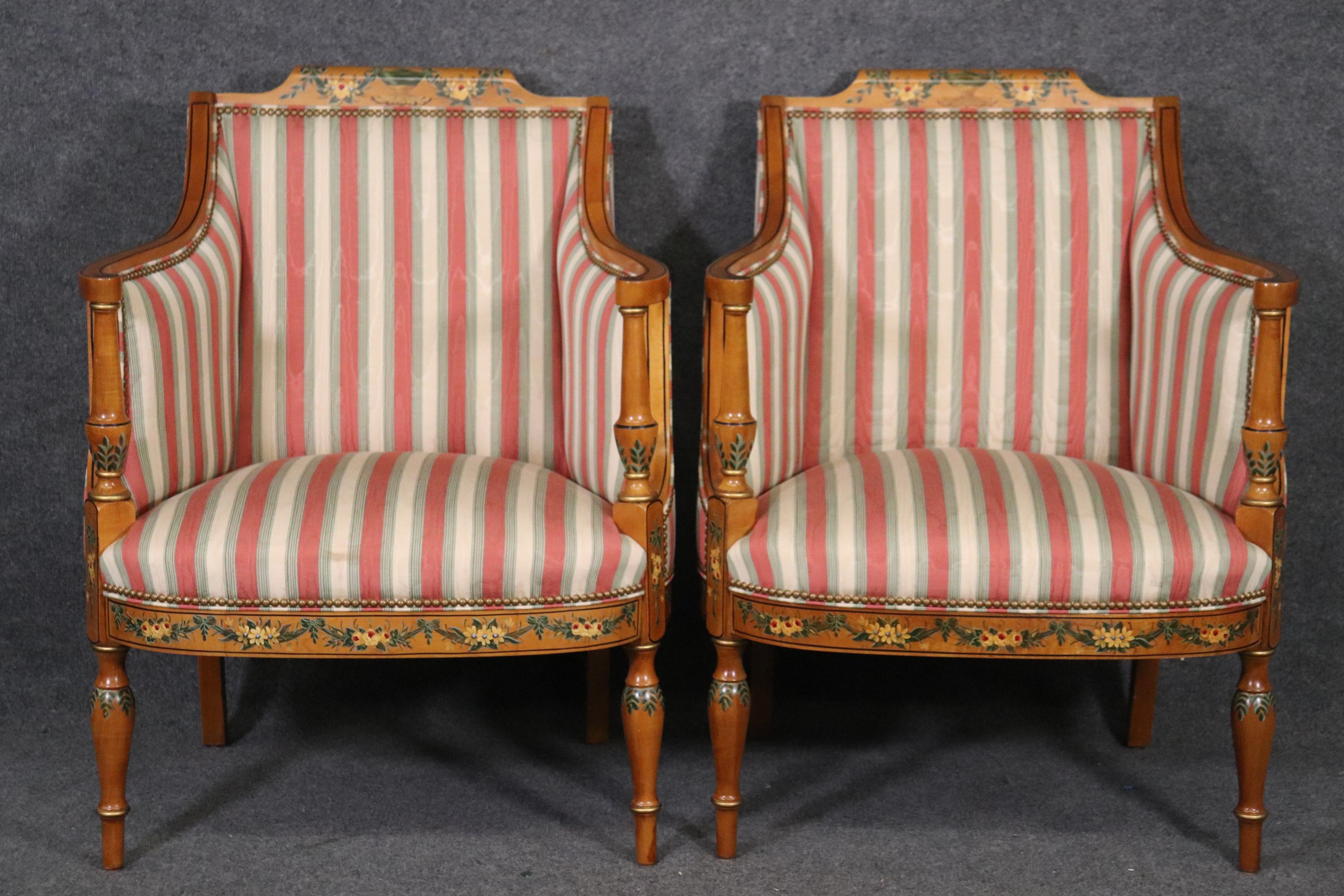Adam Style Fine Hand-Painted Pair of Adams Style Satinwood Bergere Chairs