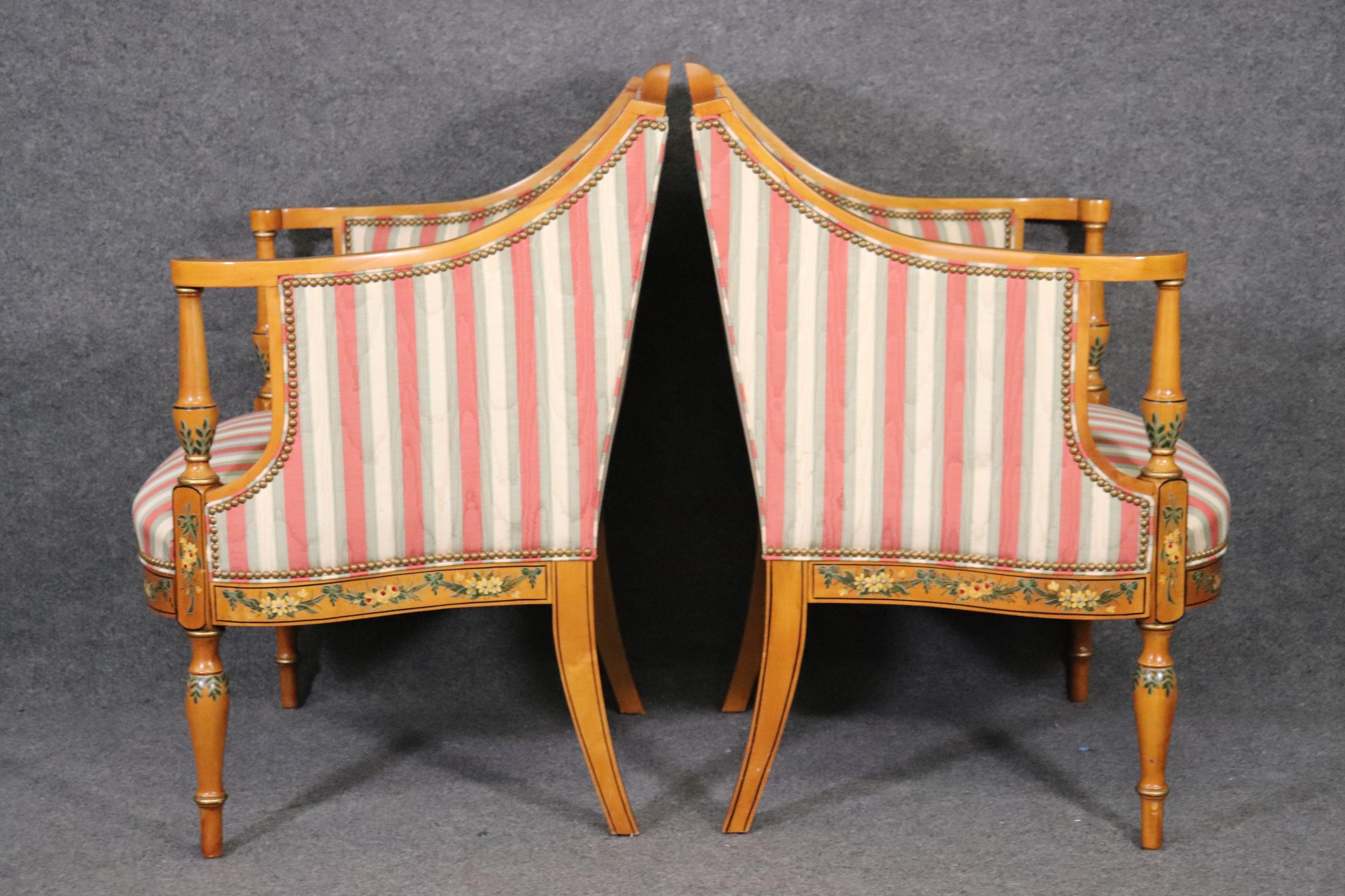 English Fine Hand-Painted Pair of Adams Style Satinwood Bergere Chairs