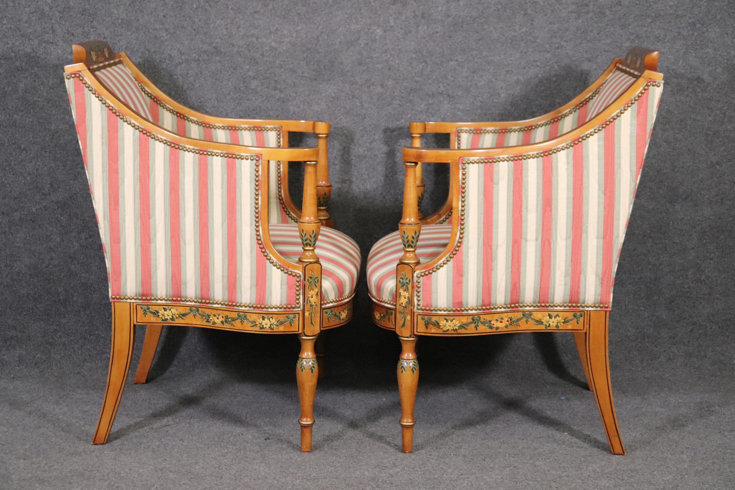 Contemporary Fine Hand-Painted Pair of Adams Style Satinwood Bergere Chairs