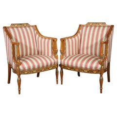 Fine Hand-Painted Pair of Adams Style Satinwood Bergere Chairs