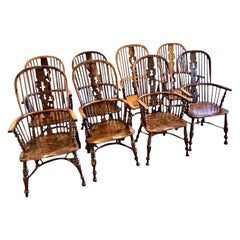 Antique Fine Harlequin Set of 8 Yew Wood High Back Narrow Arm Windsor Chairs