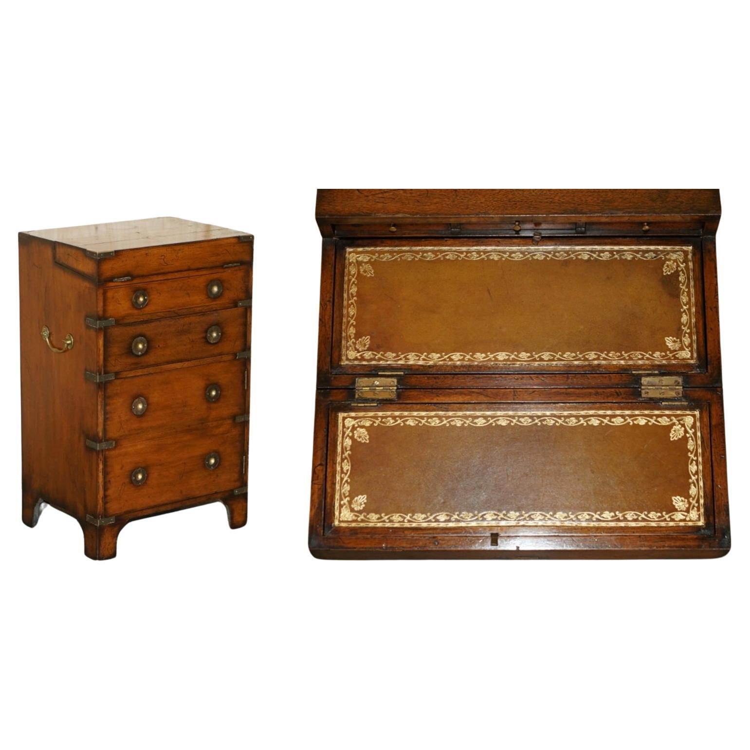 Fine Harrods London Kennedy Chest of Drawers Brown Leather Writing Slope Desk For Sale