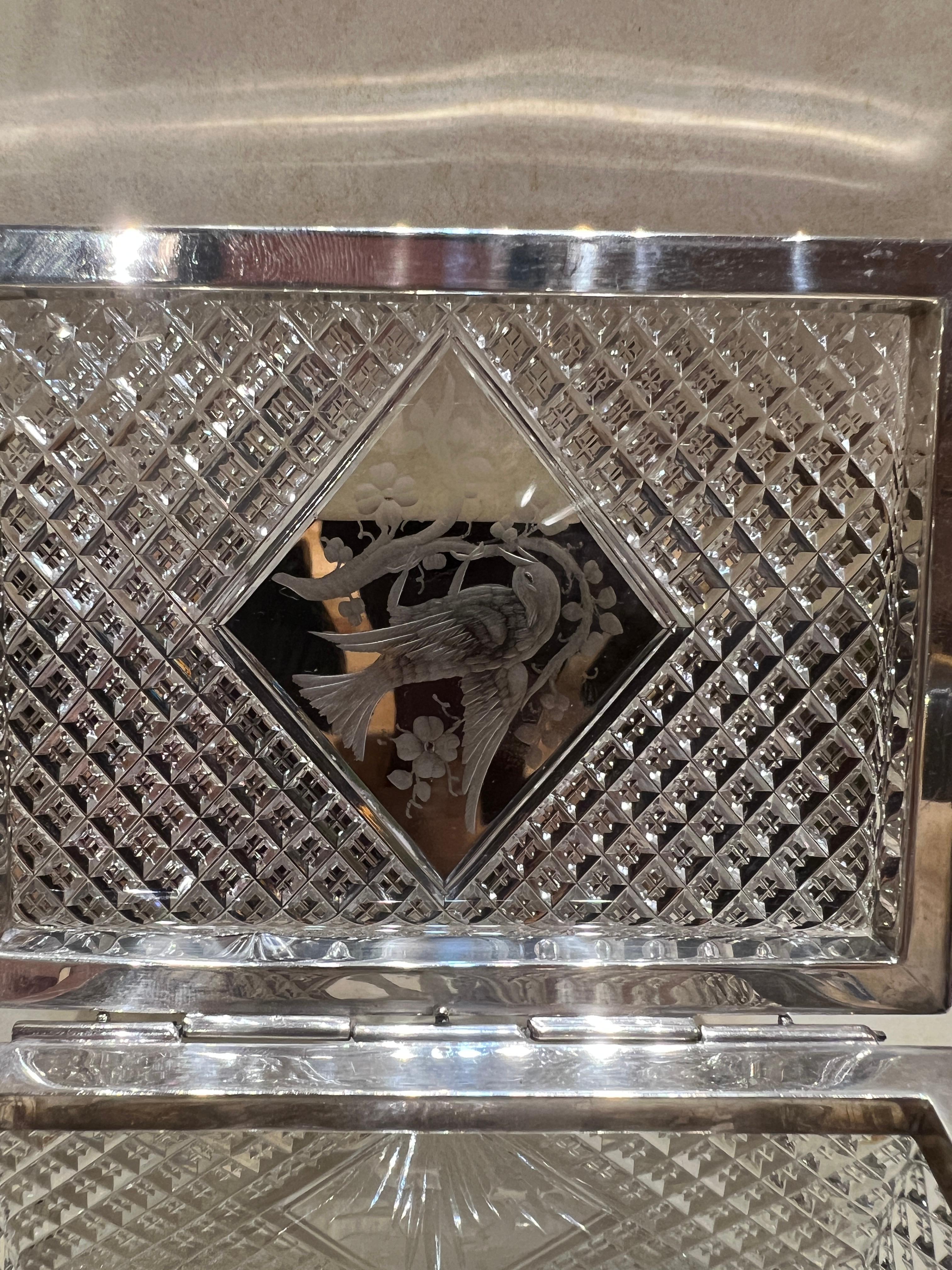 Fine Hawkes Cut Crystal & Sterling Silver Ornithological Motif Box For Sale 4