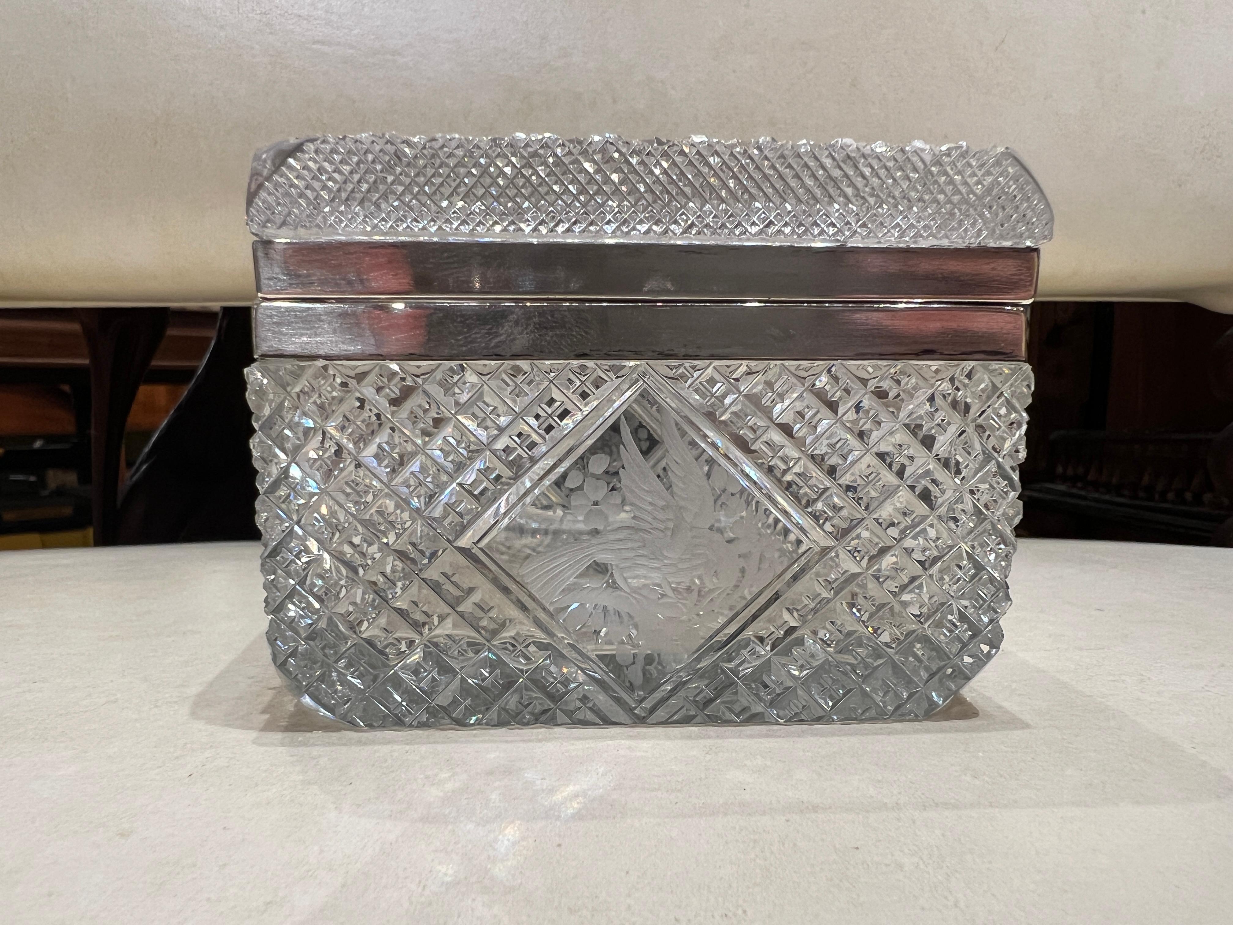 Aesthetic Movement Fine Hawkes Cut Crystal & Sterling Silver Ornithological Motif Box For Sale