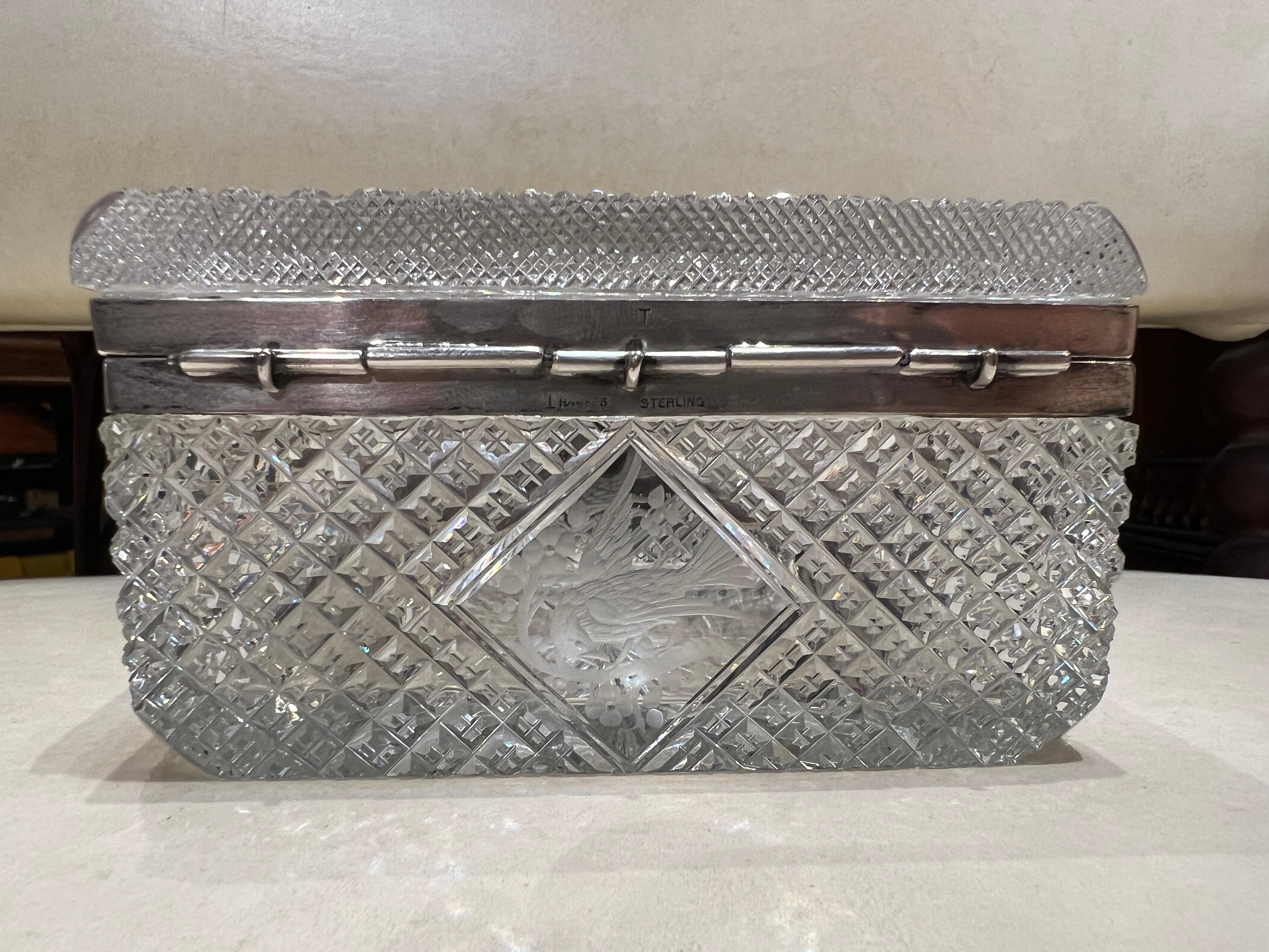 American Fine Hawkes Cut Crystal & Sterling Silver Ornithological Motif Box For Sale