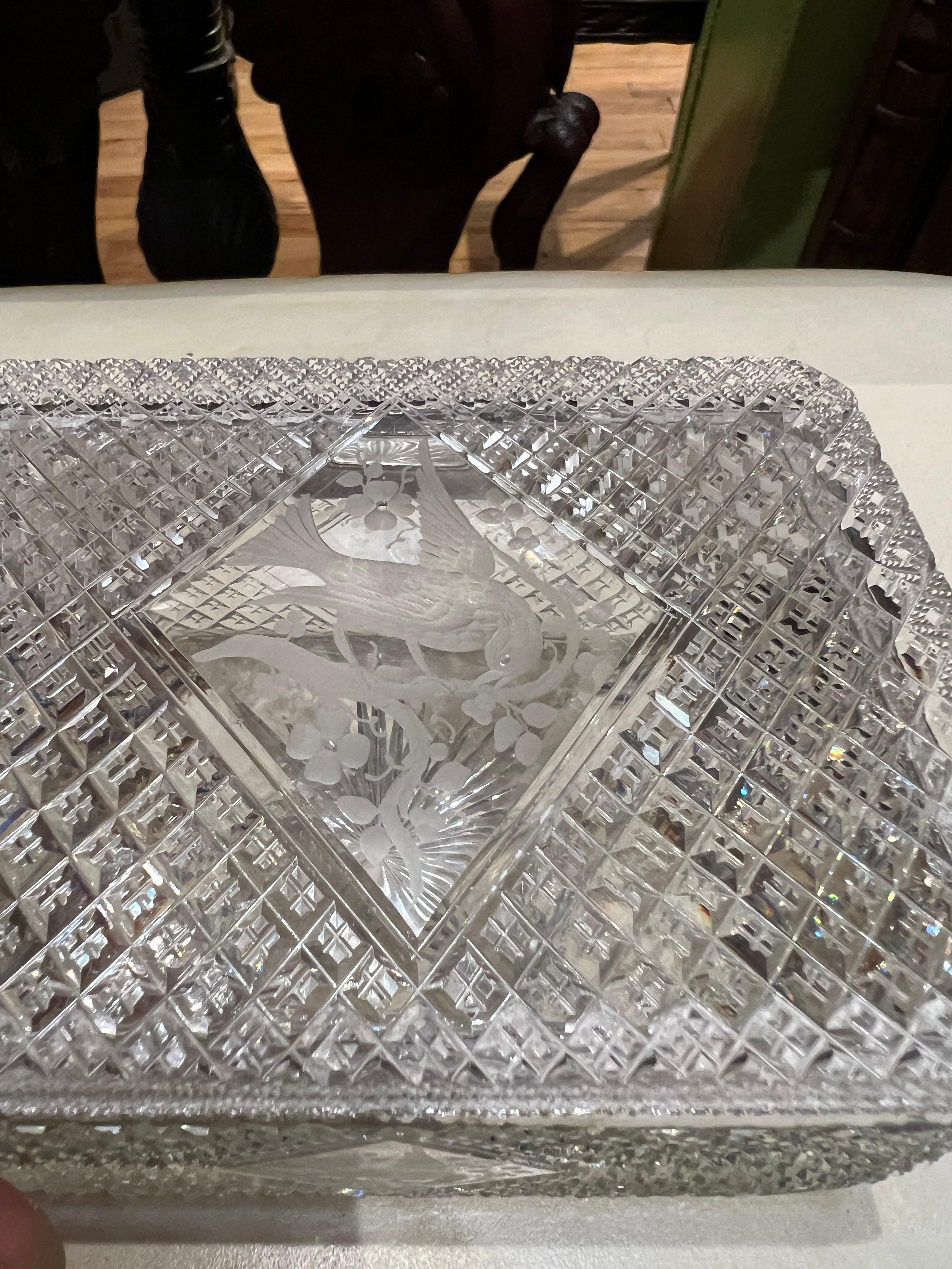 Fine Hawkes Cut Crystal & Sterling Silver Ornithological Motif Box For Sale 2