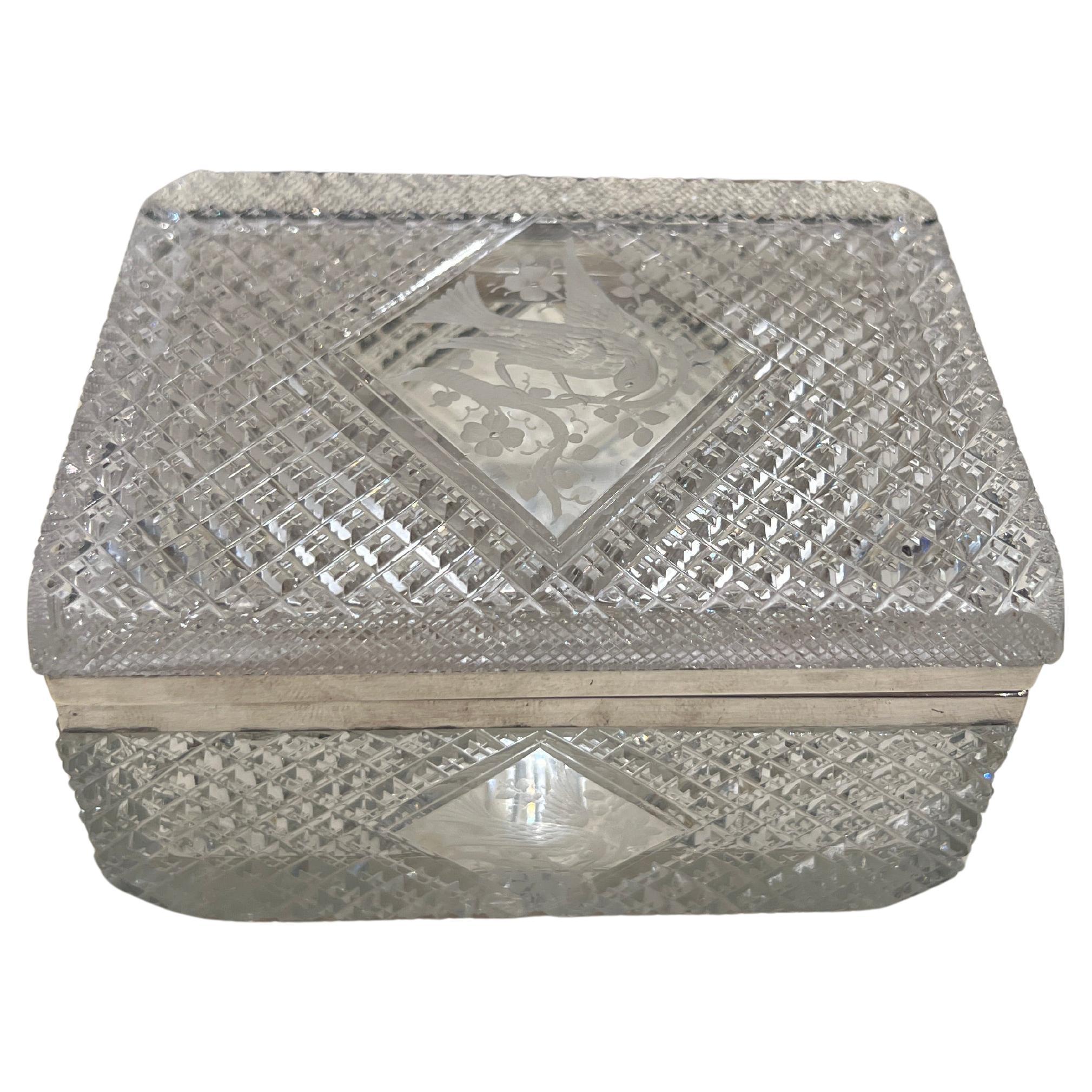 Scatola con motivo ornitologico in cristallo tagliato Hawkes e argento sterling