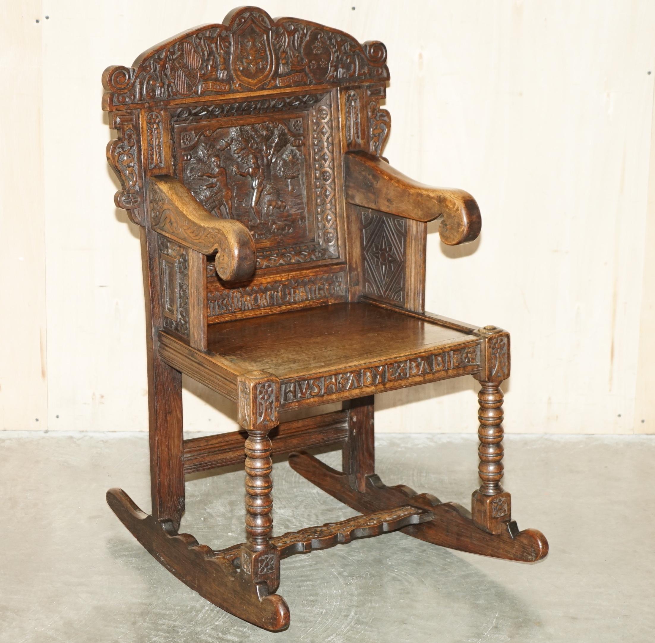 Royal House Antiques is delighted to offer for sale this super rare and highly collectable hand carved 1631 dated Charles I rocking chair with ornately carved panels depicting Adam & Eve with the forbidden fruit and some very interesting Henry VIII