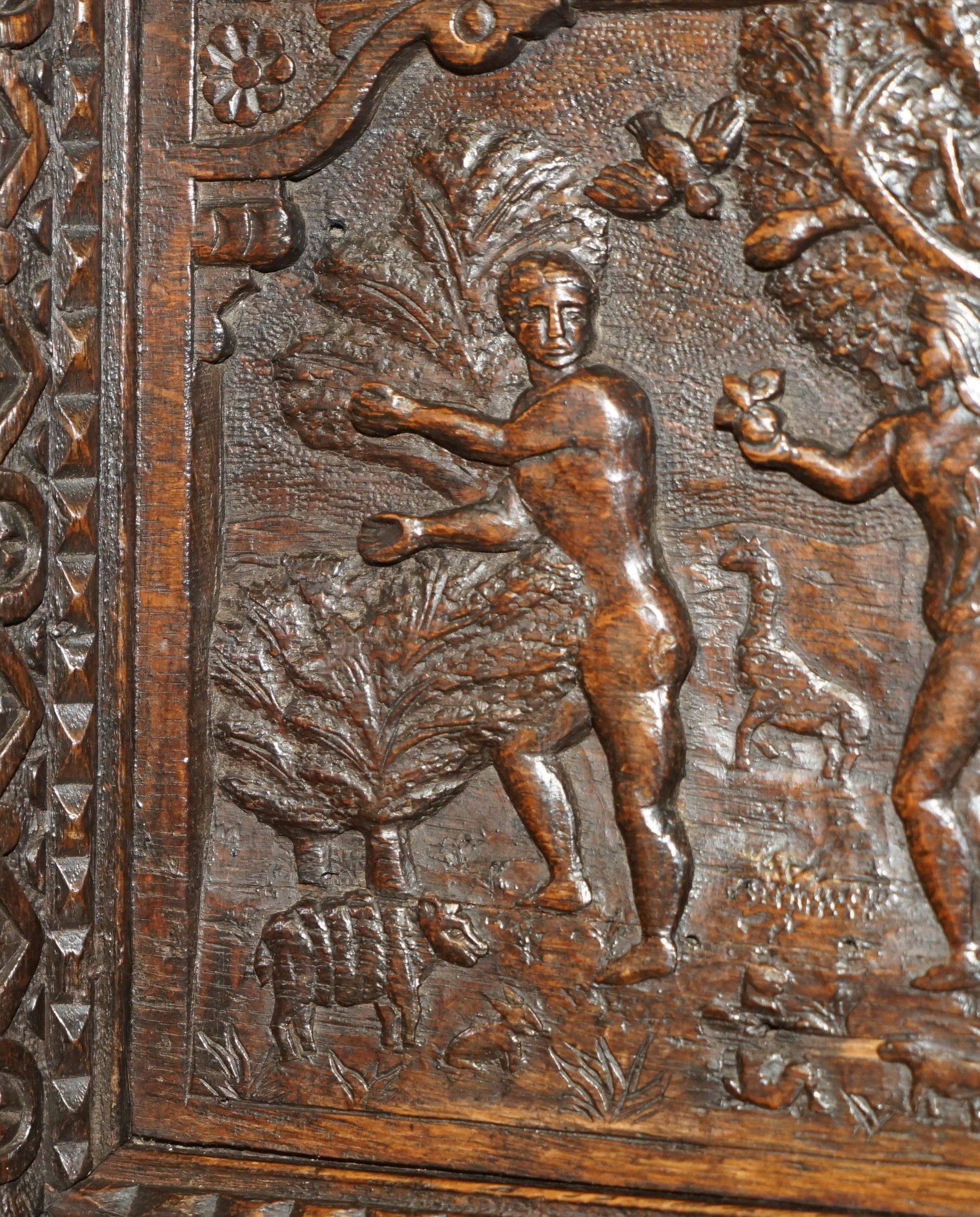 Carved FINE HENRY VIII LINKED ANTIQUE 1631 CHARLES I ROCKiNG CHAIR DEPICTING ADAM & EVE