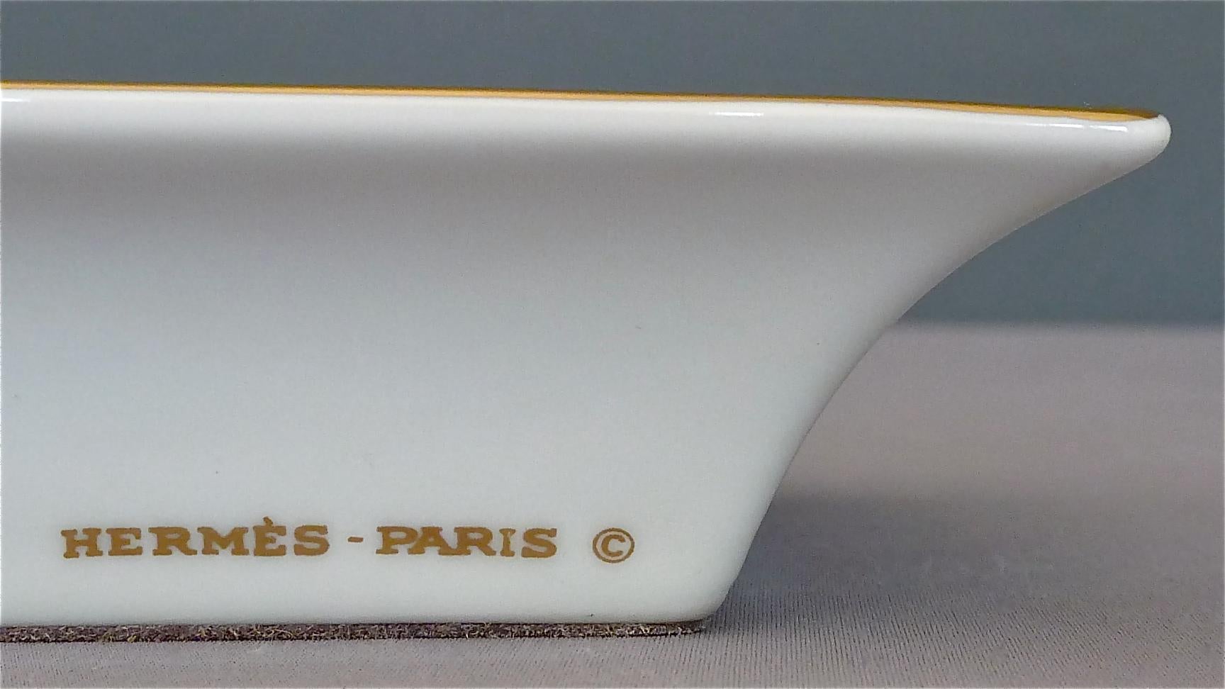 French Fine Hermes Paris Porcelain Ashtray Golf Motif Gilt Green Red Fornasetti Style