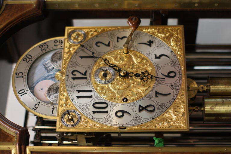 Fine Herschede Brass-Mounted Burl Wood Tall Case Clock For Sale at