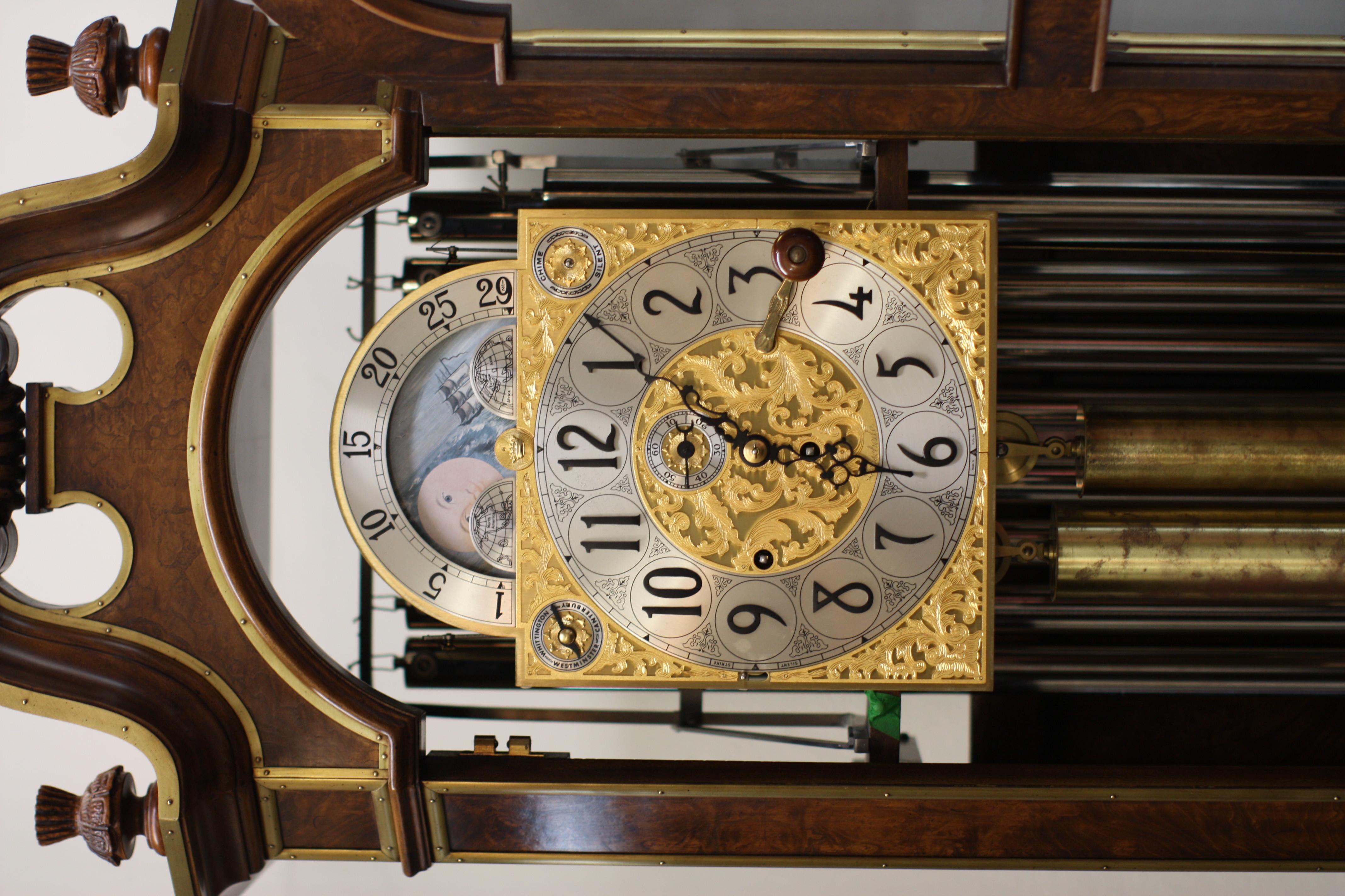 20th Century Fine Herschede Brass-Mounted Burl Wood Tall Case Clock For Sale