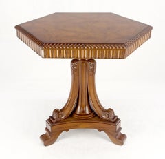 Fine Hexagon Burl Wood Top Tripod Carved Scroll Base Rope Edge Center Table MINT