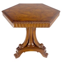 Fine Hexagon Burl Wood Top Tripod Carved Scroll Base Rope Edge Center Table MINT