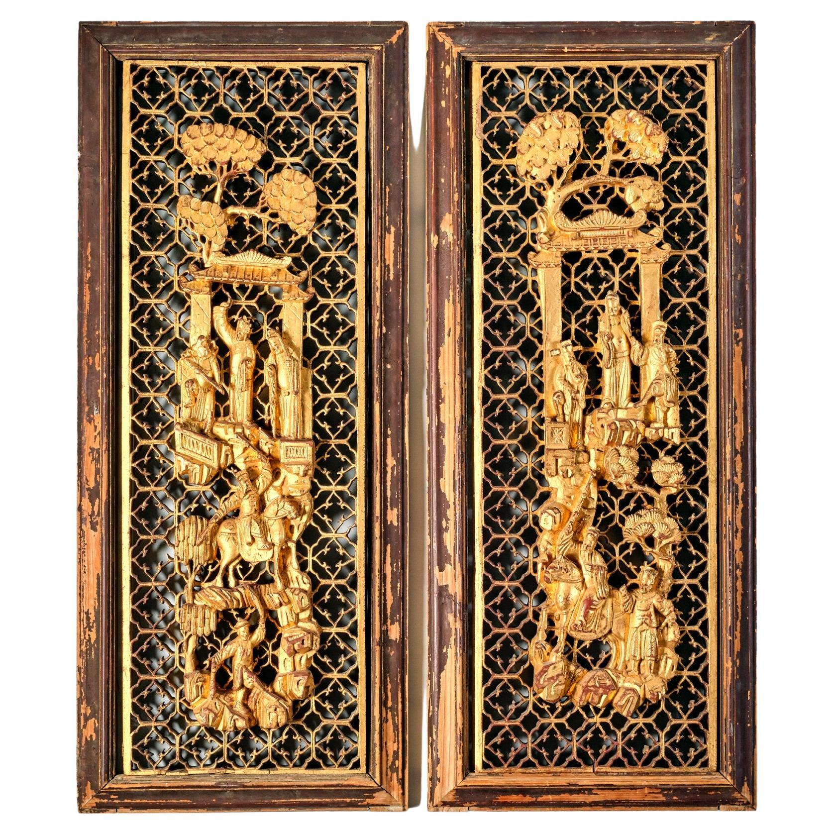 Exceptional & Highly Decorative Pair of Chinese Export Carved Giltwood Panels   For Sale