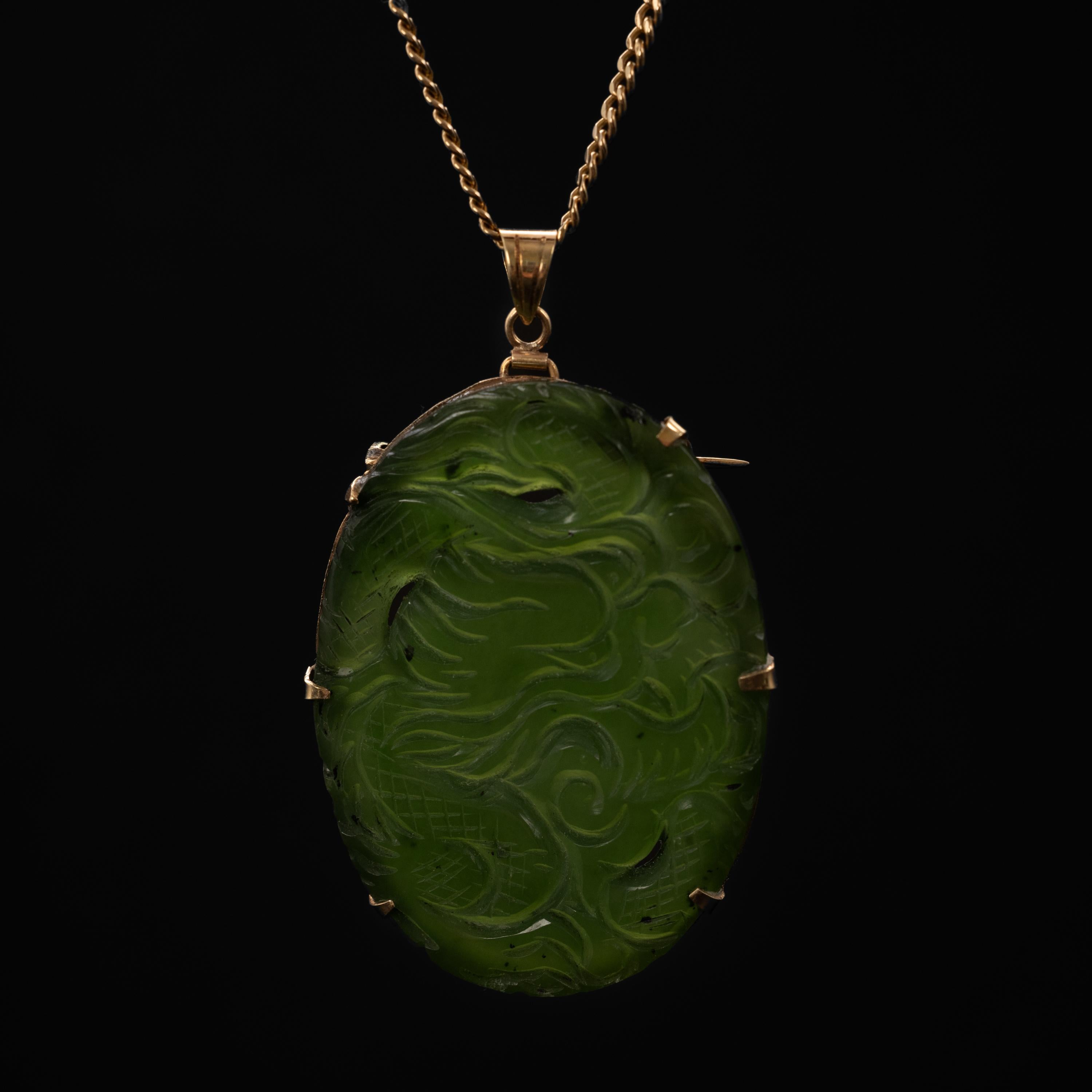 Oval Cut Fine Highly Translucent Carved Nephrite Pendant & Brooch For Sale