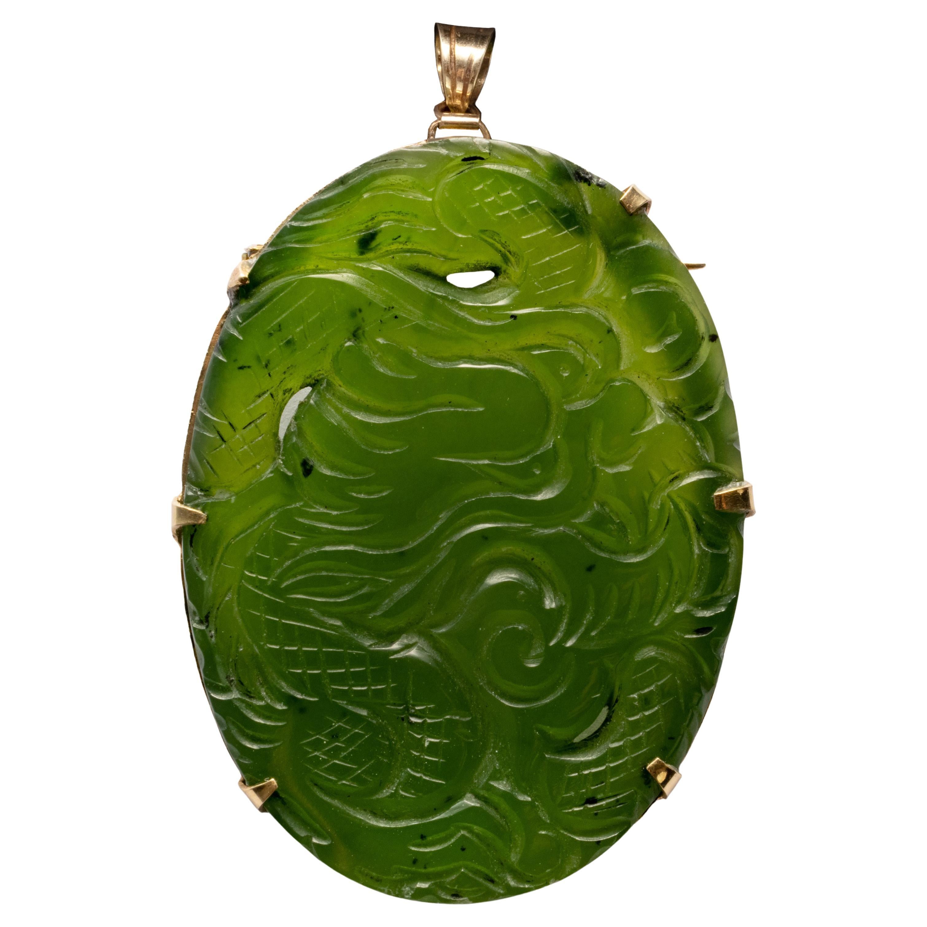 Fine Highly Translucent Carved Nephrite Pendant & Brooch For Sale