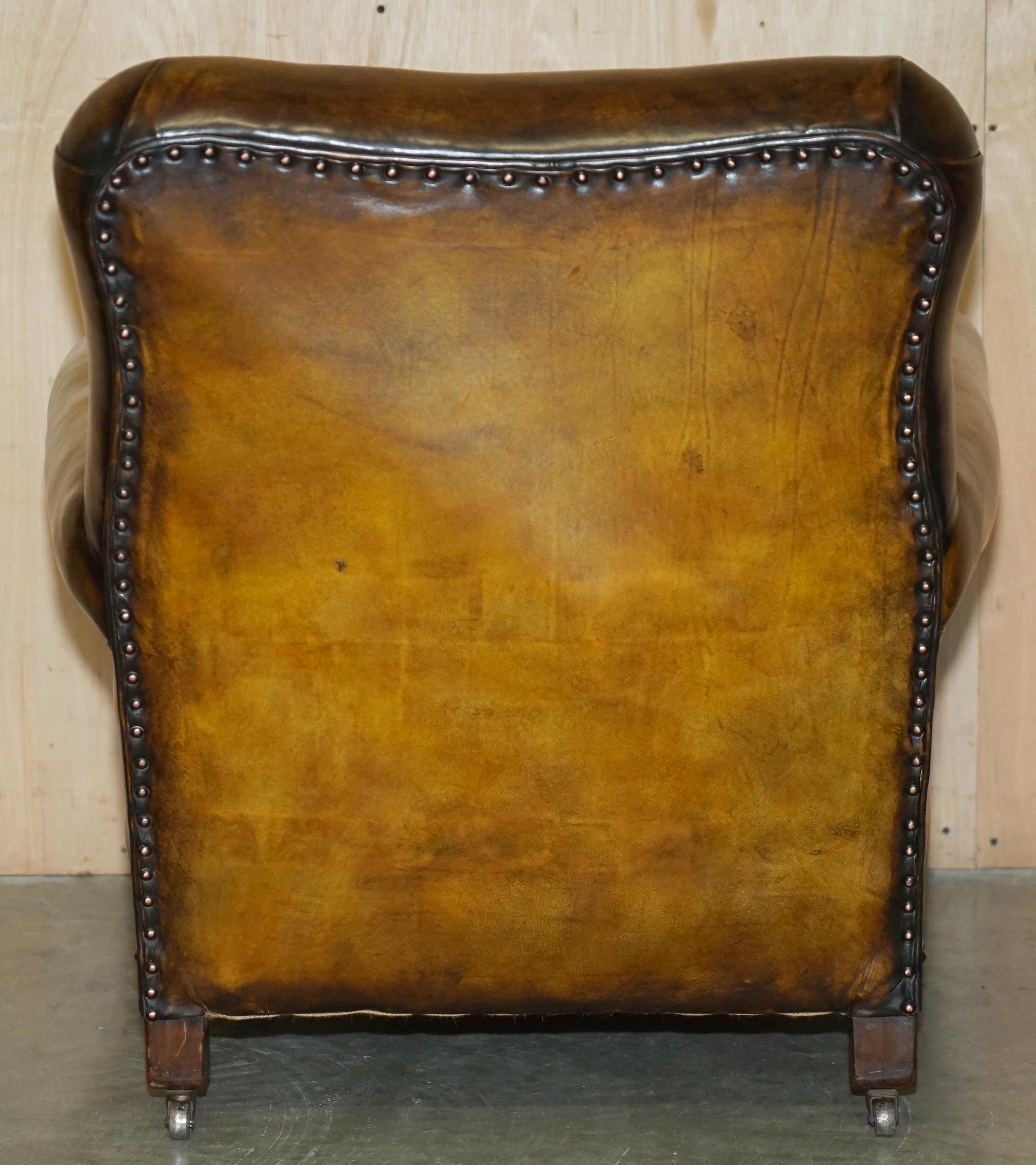 FINE & IMPORTANT PAIR OF ANTiQUE HAND CARVED BURR WALNUT BROWN LEATHER ARMCHAIRS For Sale 8