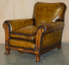 FINE & IMPORTANT PAIR OF ANTiQUE HAND CARVED BURR WALNUT BROWN LEATHER ARMCHAIRS