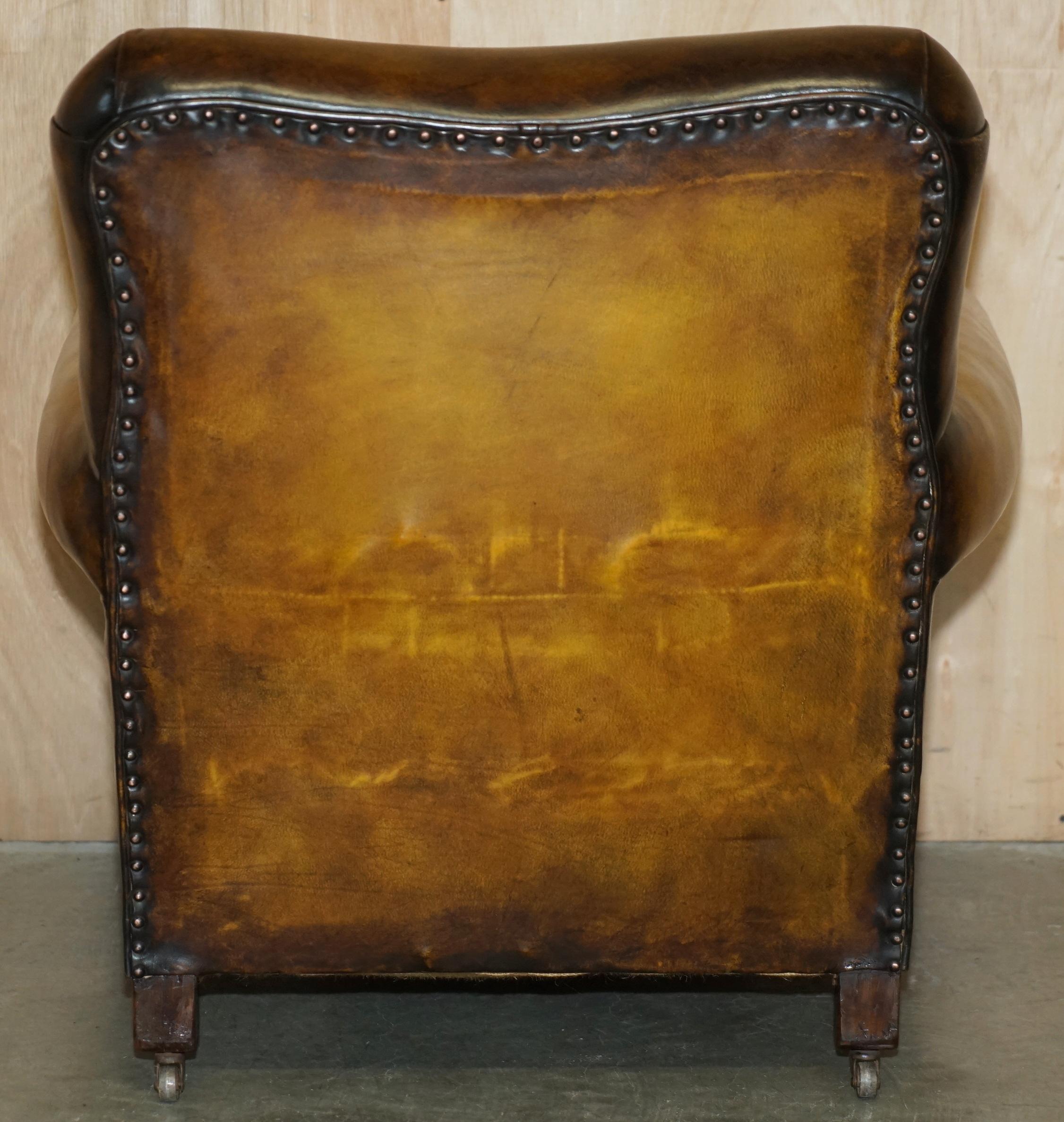 FINE & IMPORTANT PAIR OF ANTiQUE HAND CARVED BURR WALNUT BROWN LEATHER ARMCHAIRS For Sale 13