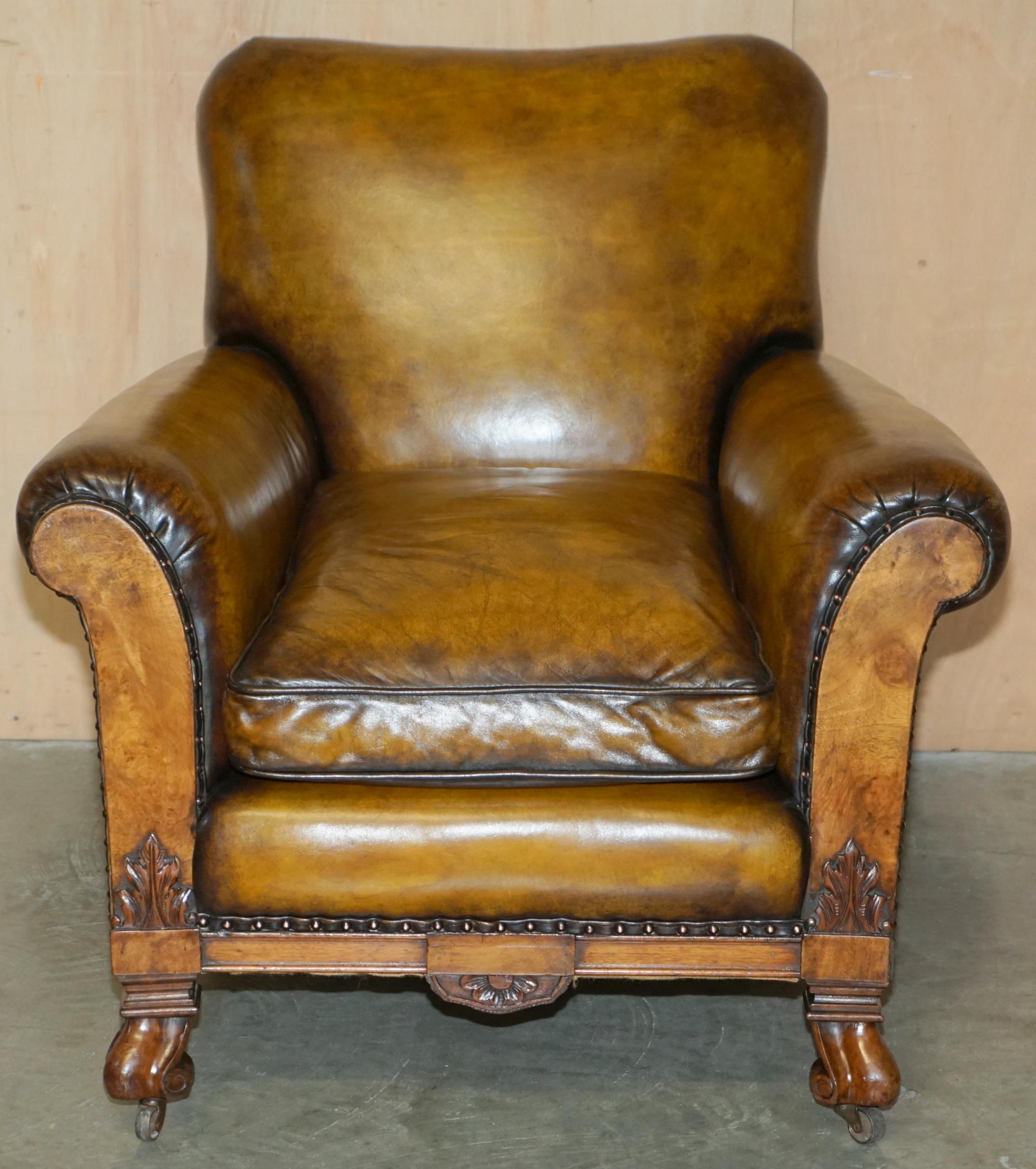 High Victorian FINE & IMPORTANT PAIR OF ANTiQUE HAND CARVED BURR WALNUT BROWN LEATHER ARMCHAIRS For Sale
