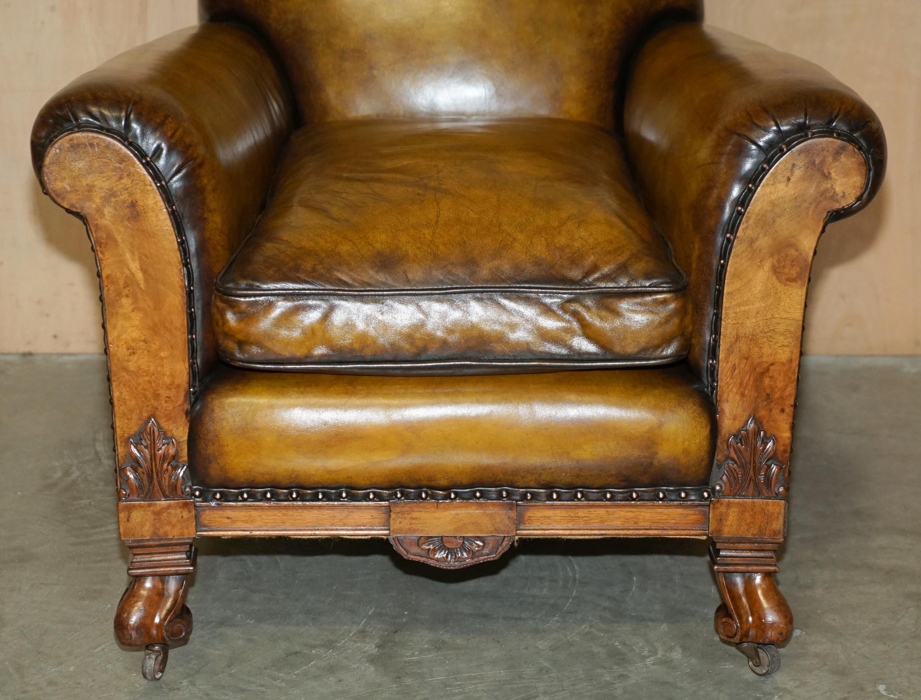 Mid-19th Century FINE & IMPORTANT PAIR OF ANTiQUE HAND CARVED BURR WALNUT BROWN LEATHER ARMCHAIRS For Sale