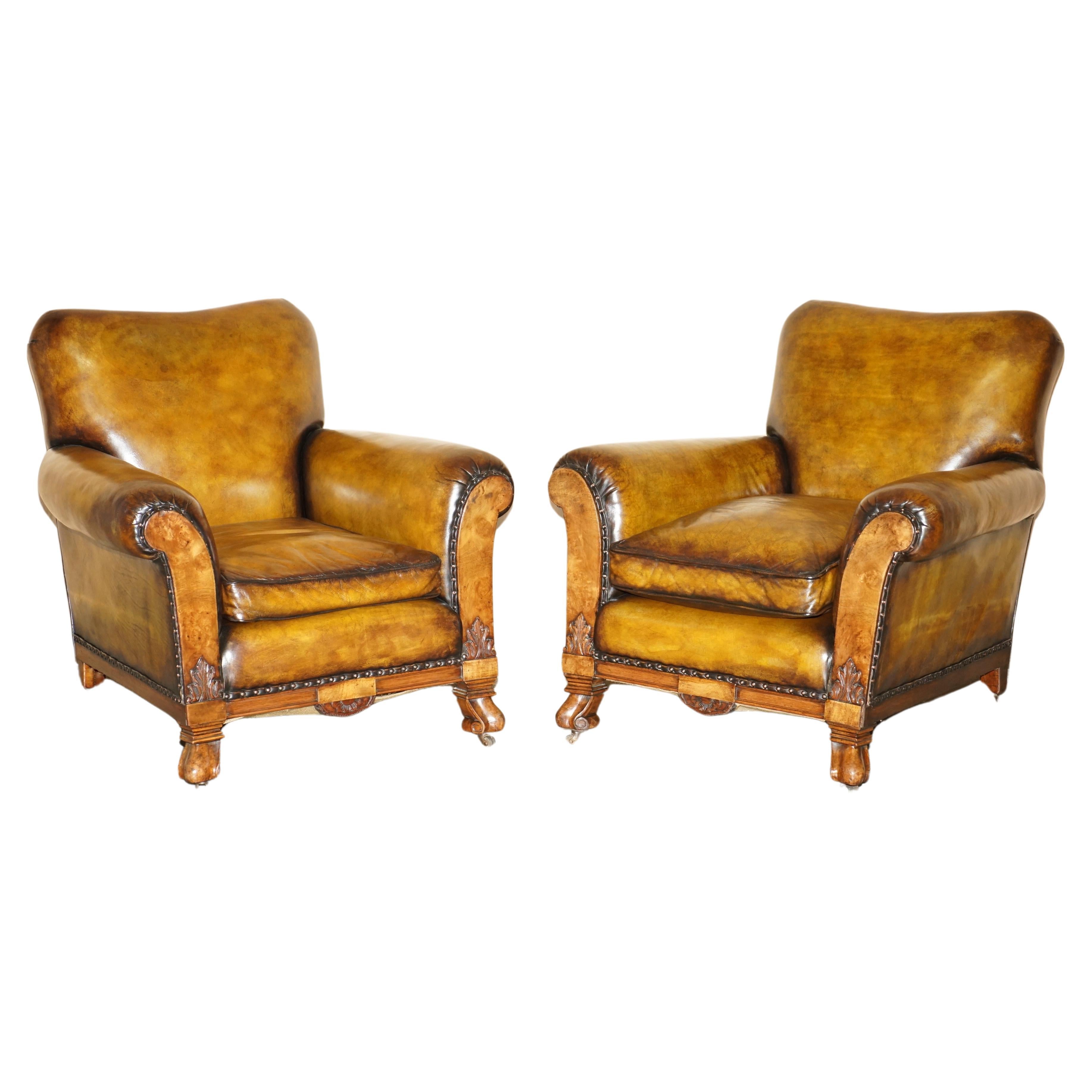 FINE & IMPORTANT PAIR OF ANTiQUE HAND CARVED BURR WALNUT BROWN LEATHER ARMCHAIRS For Sale