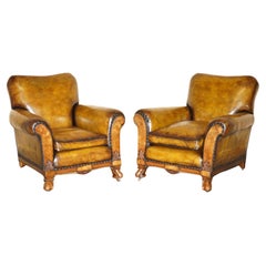 FINE & IMPORTANT PAIR OF ANTiQUE HAND CARVED BURR WALNUT BROWN LEATHER ARMCHAIRS