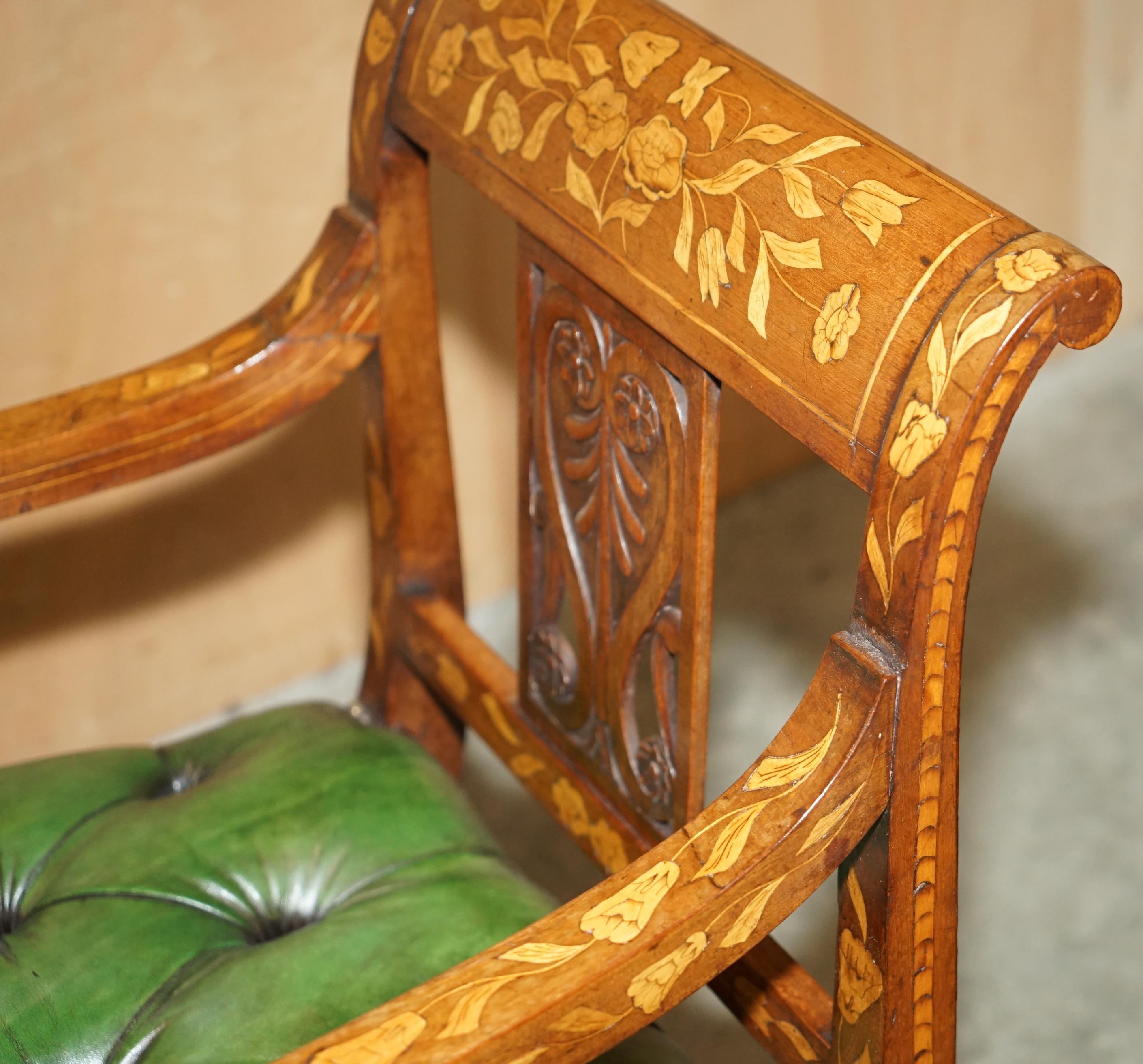 FINE IMPORTANT RESTORED ANTiQUE DUTCH MARQUETRY CHESTERFIELD LEATHER DESK CHAIR For Sale 12