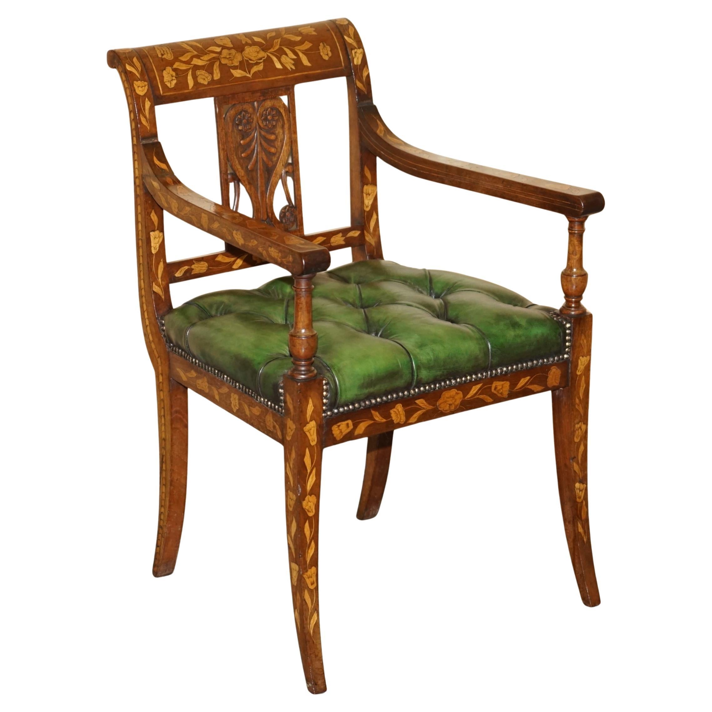 FINE IMPORTANT RESTORED ANTiQUE DUTCH MARQUETRY CHESTERFIELD LEATHER DESK CHAIR