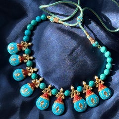 Fine Indian 21kt Gold Pearl Diamond Enamel Turquoise Choker Necklace