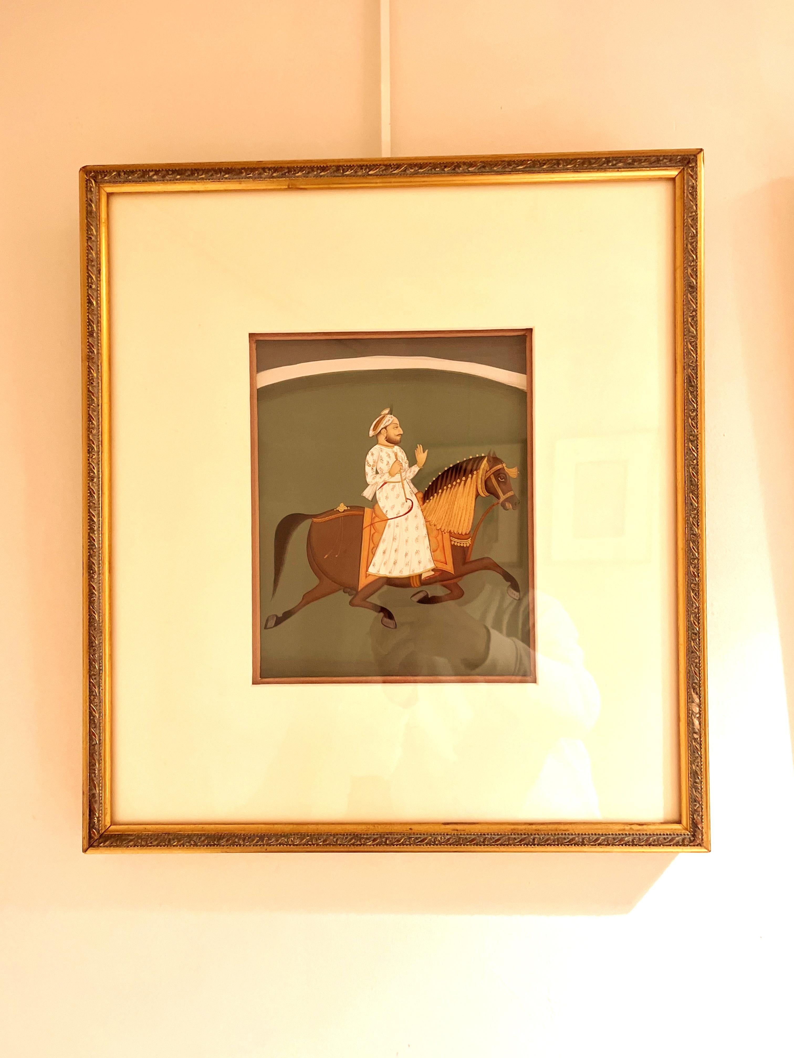 refined Indian brush painting of a nobleman riding on a horse, intricate detail, ink, color and gold gilt on paper, Conservation framed