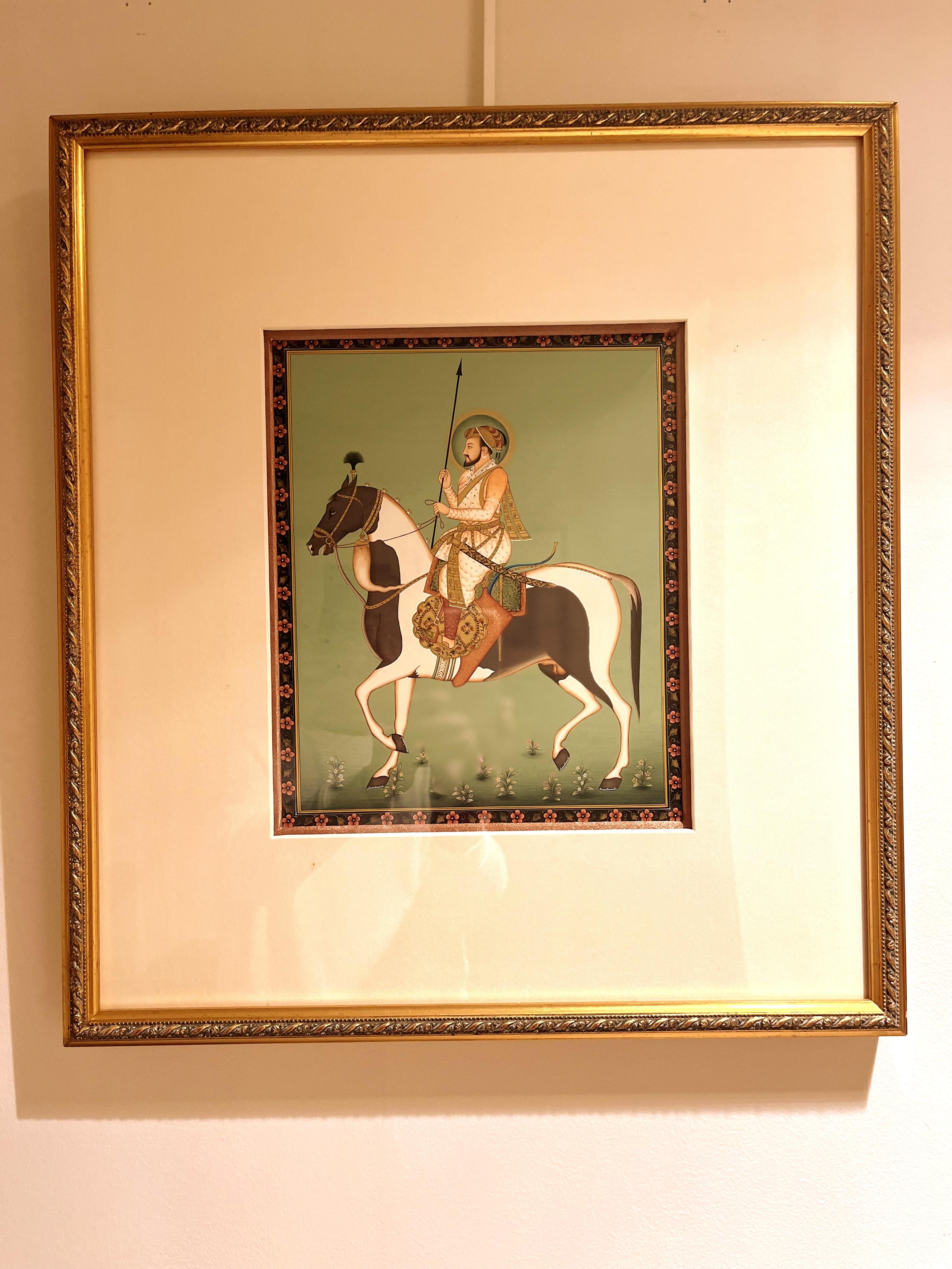 raffinierte indische Pinselmalerei eines auf einem Pferd reitenden Edelmannes, feines Detail, Tusche, Farbe und Goldvergoldung auf Papier, Konservierung gerahmt