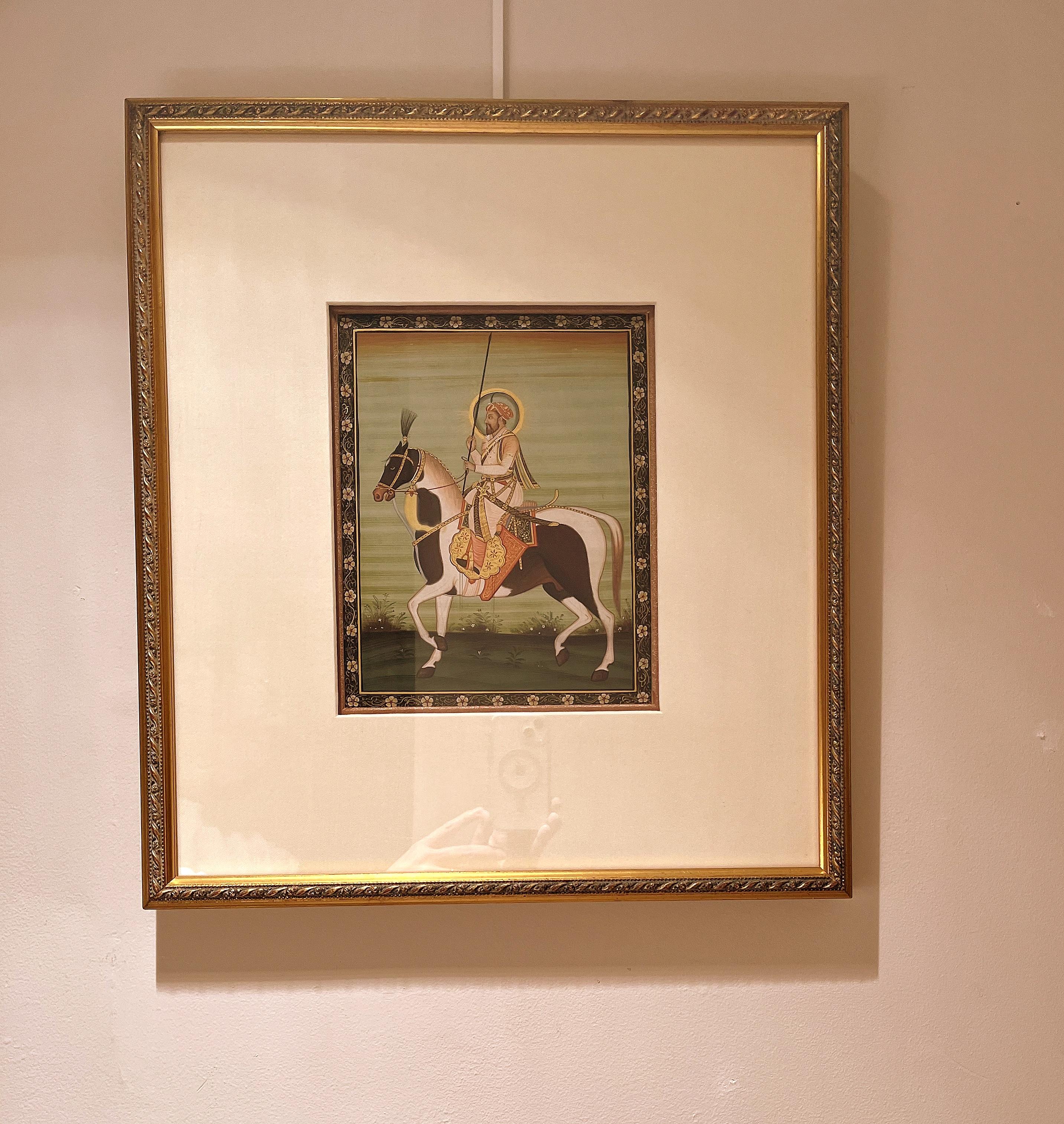 refined Indian brush painting of a nobleman riding on a horse, intricate detail, ink, color and gold gilt on paper, Conservation framed