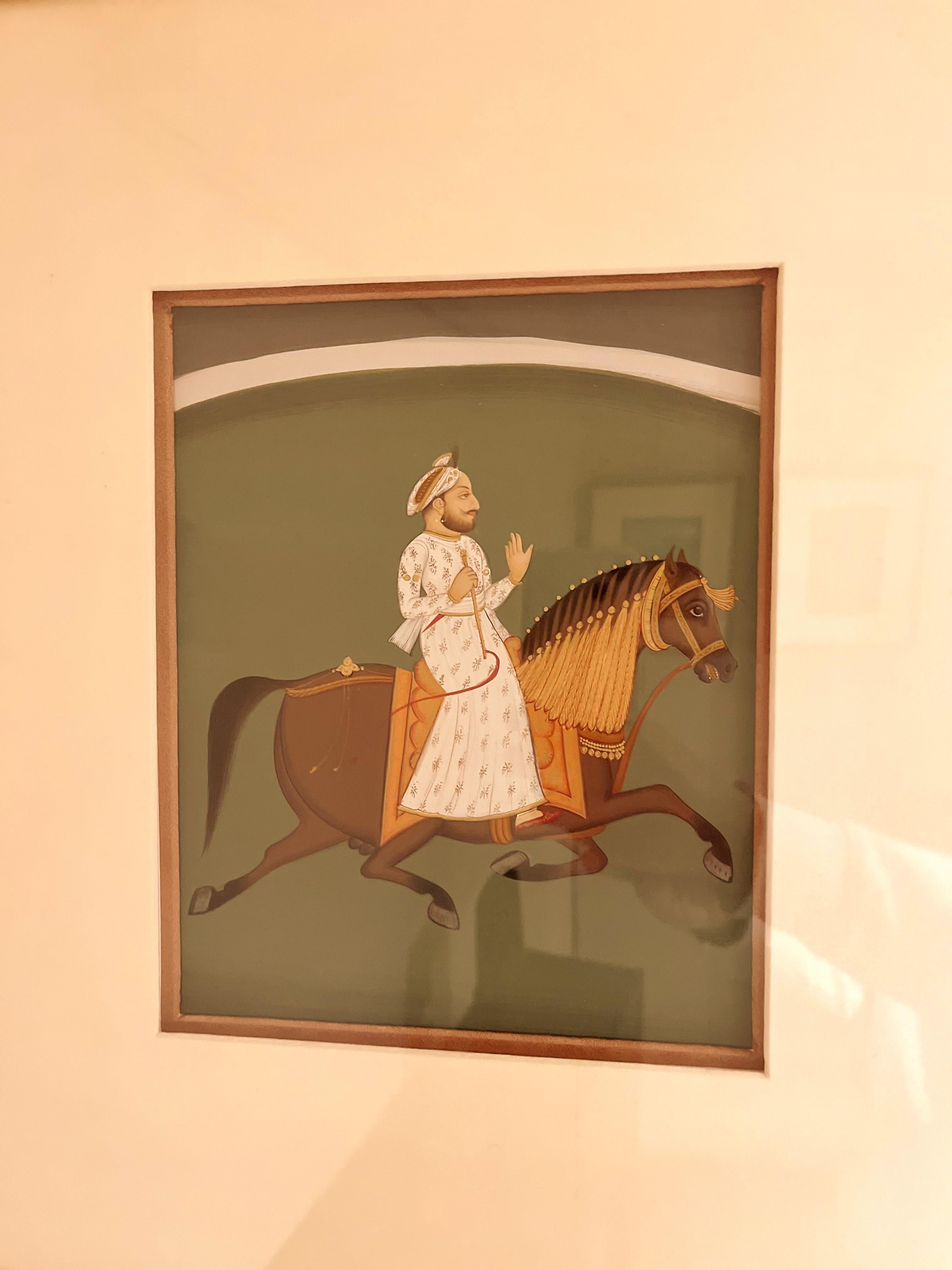 Painted Fine Indian Brush Painting of a Nobleman Riding on a Horse For Sale