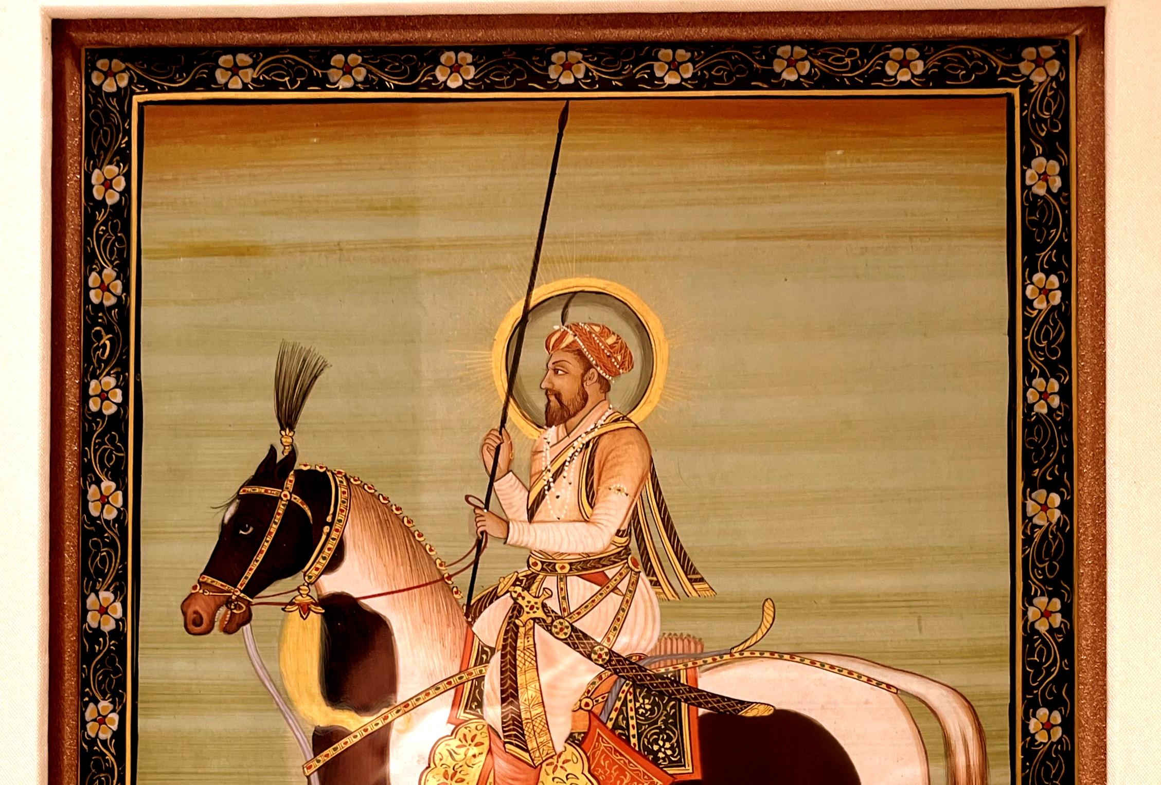 Painted Fine Indian Brush Painting of a Nobleman Riding on a Horse For Sale