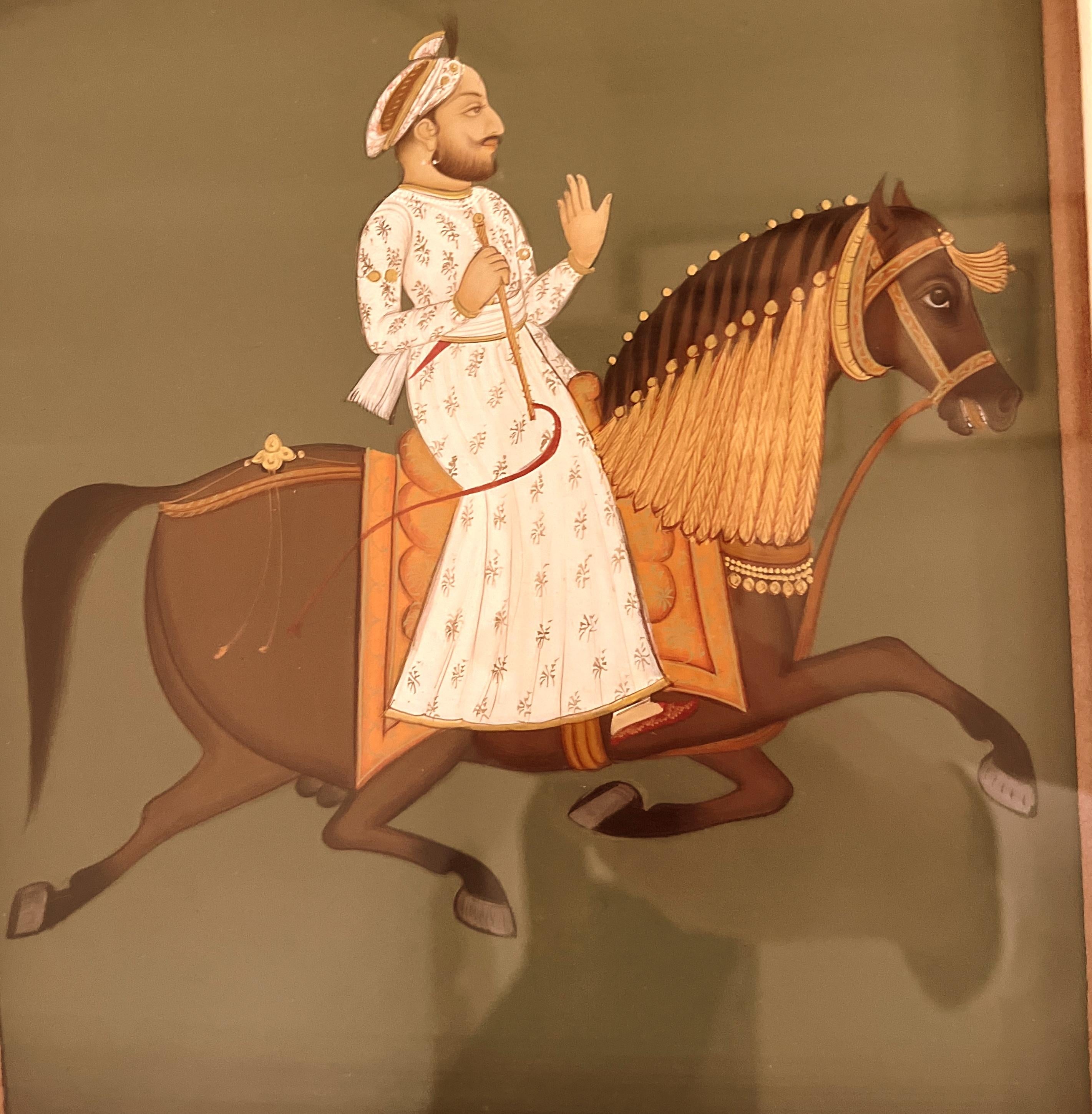 Fine Indian Brush Painting of a Nobleman Riding on a Horse In Good Condition For Sale In Greenwich, CT