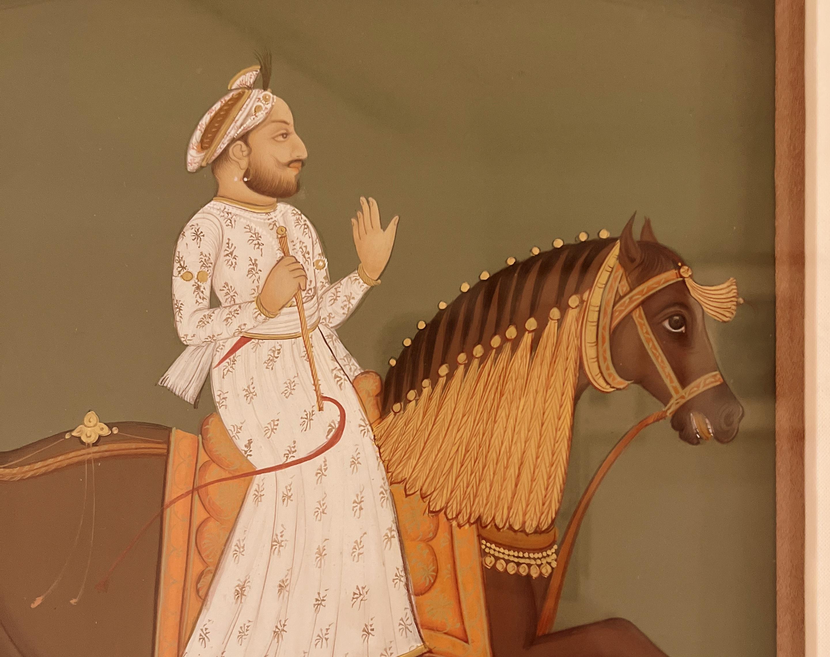 Early 20th Century Fine Indian Brush Painting of a Nobleman Riding on a Horse For Sale