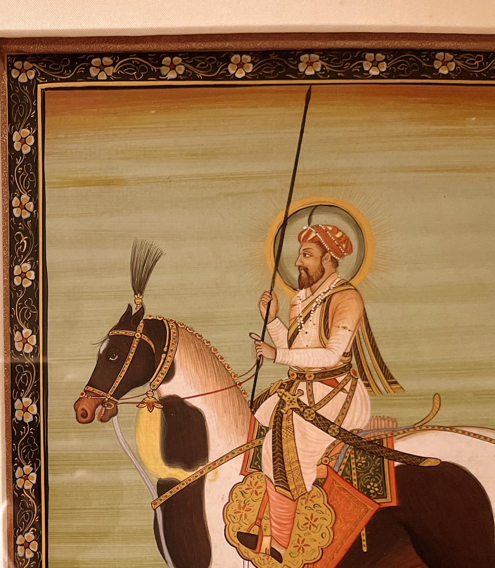 Early 20th Century Fine Indian Brush Painting of a Nobleman Riding on a Horse For Sale