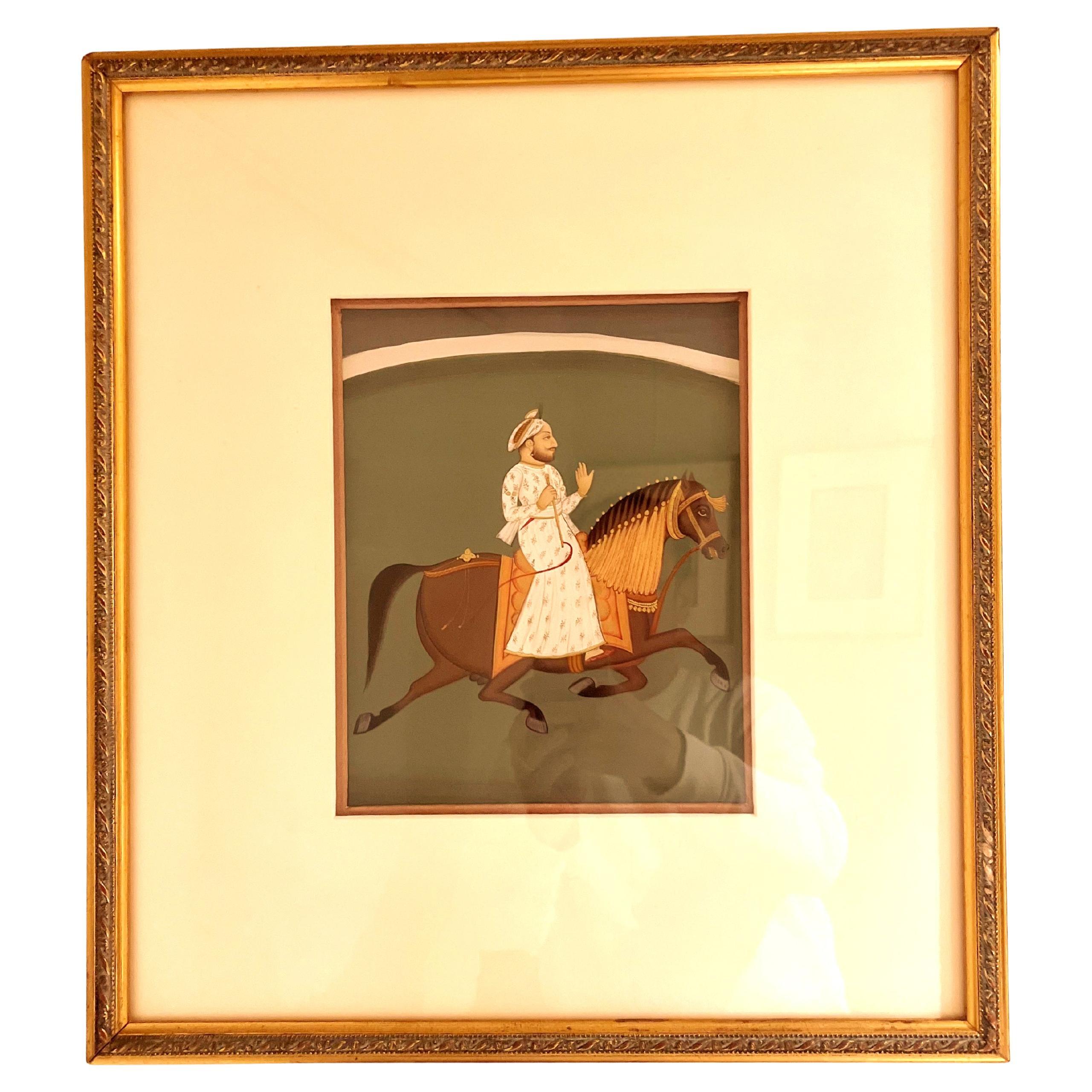 Fine Indian Brush Painting of a Nobleman Riding on a Horse For Sale