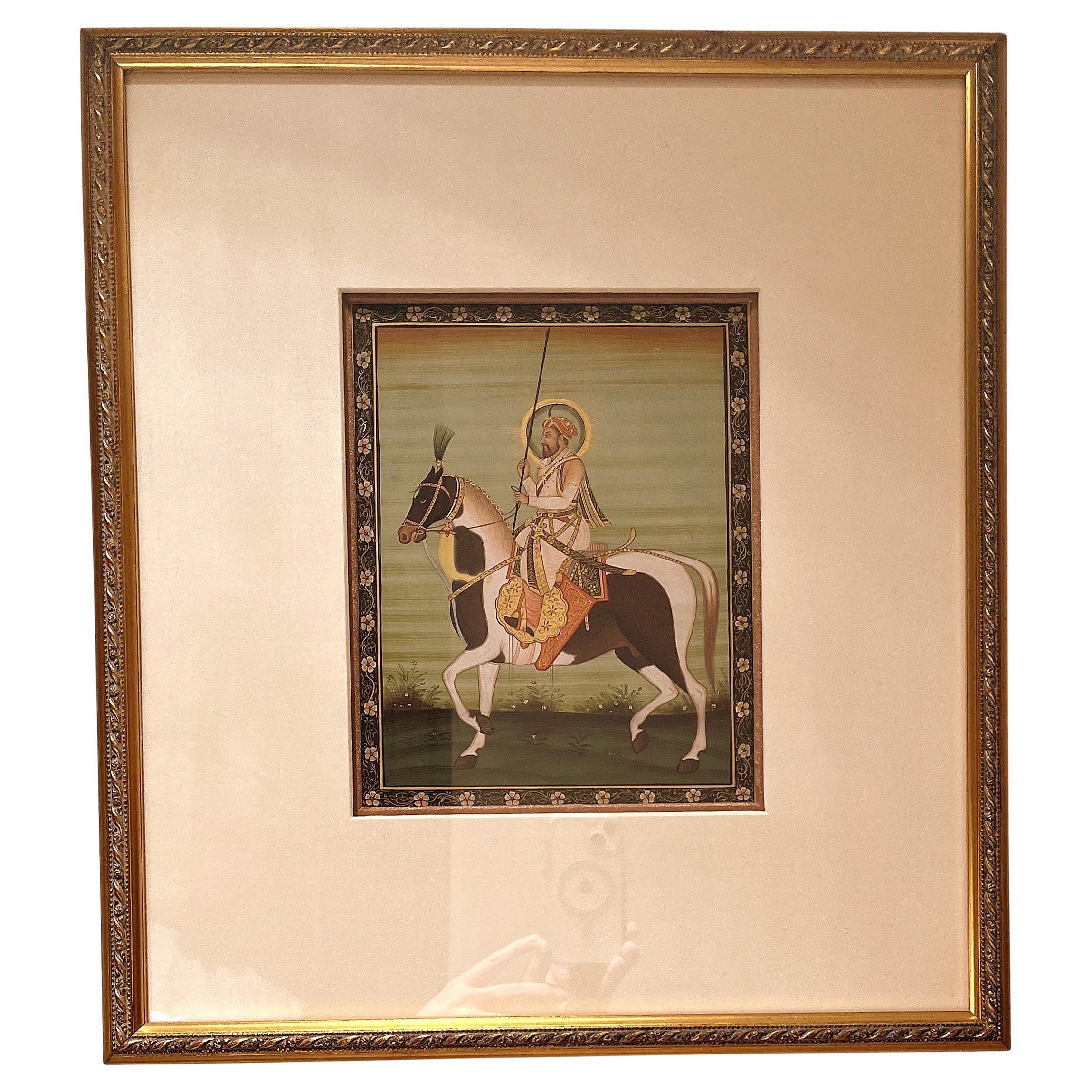 Fine Indian Brush Painting of a Nobleman Riding on a Horse For Sale